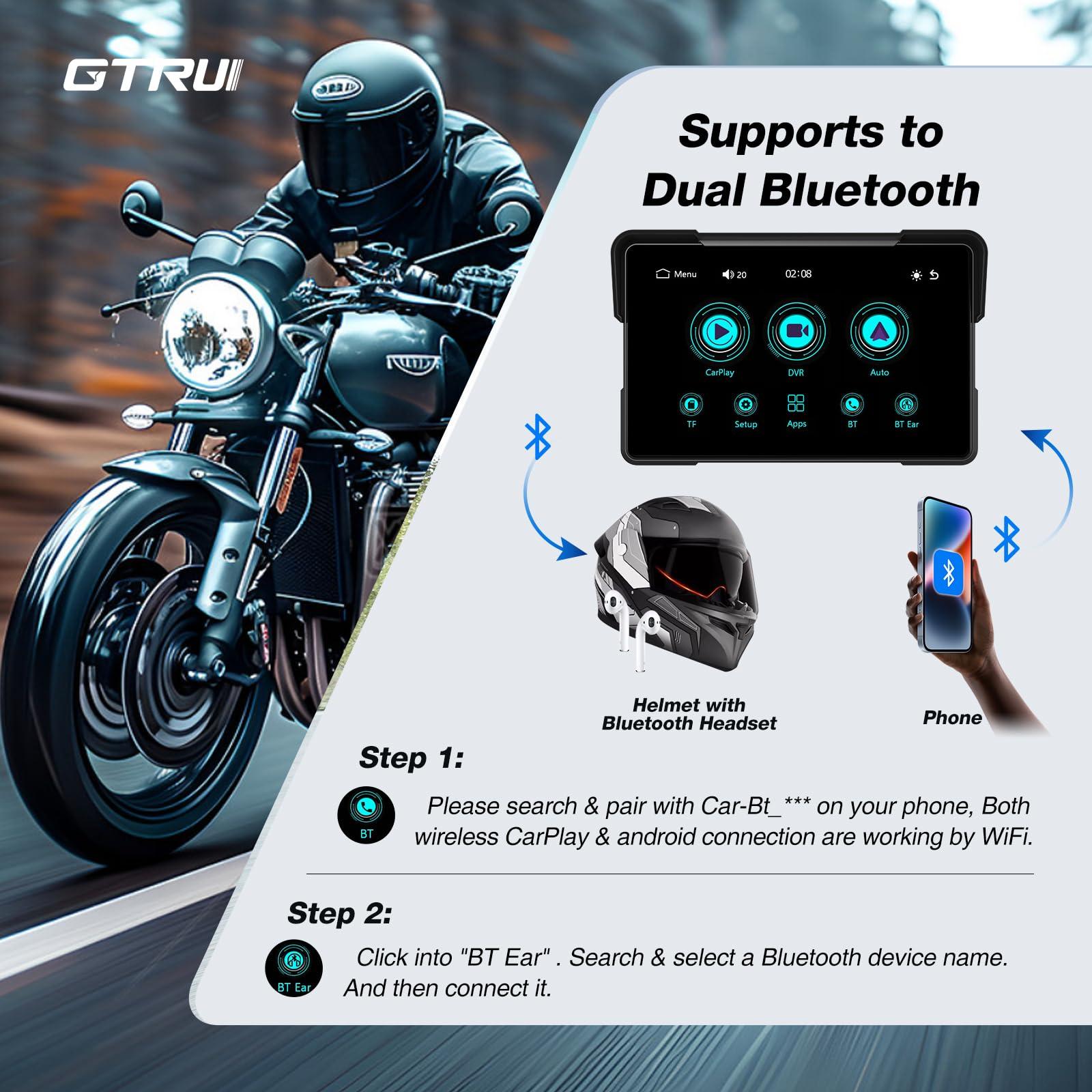 GTRUI 7 Inch Portable CarPlay for Motorcycle, Waterproof Touchscreen Wireless Car Play Android Auto Screen GPS Navigation for Motorbike, Siri Voice Control Dual Bluetooth TF-64G (M570 w/Cameras)