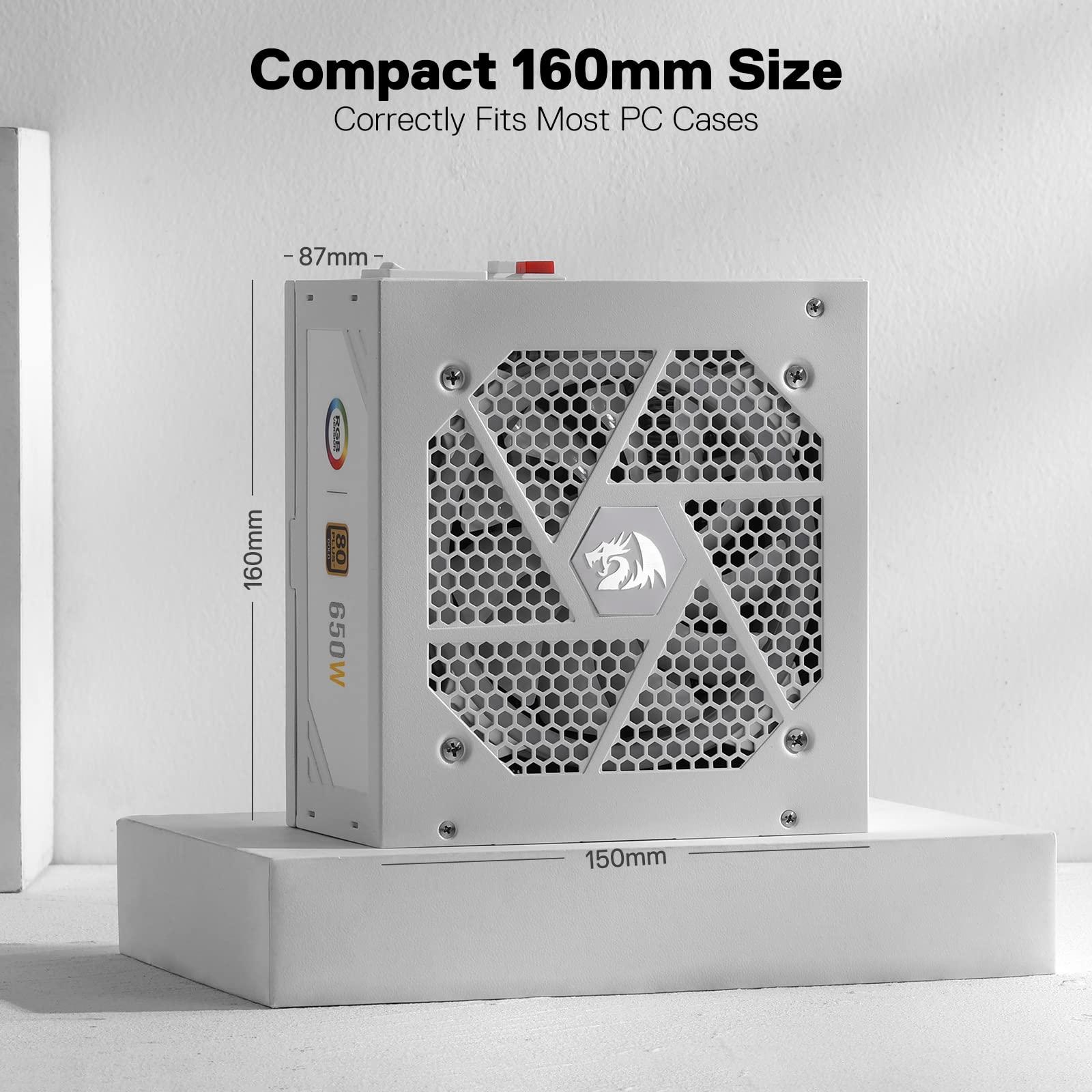 Redragon Redragon RGPS-650W 80+ Gold 650 Watt ATX Fully Modular Power Supply w/ 80 Plus Gold Certified, Compact 160mm Size and Low Noise RGB Fan 0 RPM, 100% Japanese Capacitors, Full Mod Cables, White