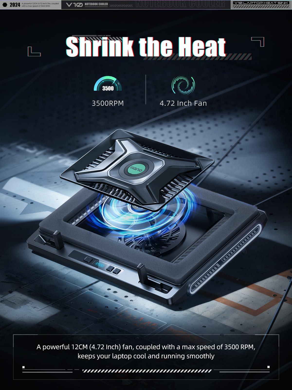 llano llano Laptop Cooler, Gaming Laptop Cooling Pad with 3500RPM Turbofan, 4.72 Inch External Fan Laptop Stand, Adjustable Variable Speed, Button Control, Seal Foam for Rapid Laptop13-17.3in, V10, Black
