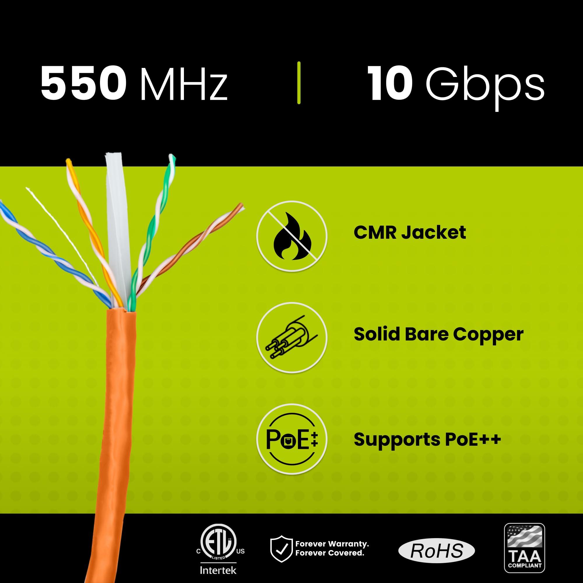 TRUE CABLE trueCABLE Cat6 Riser (CMR), 1000ft, Orange, 23AWG 4 Pair Solid Bare Copper, 550MHz, PoE++ (4PPoE), ETL Listed, Unshielded Twisted Pair (UTP), Bulk Ethernet Cable