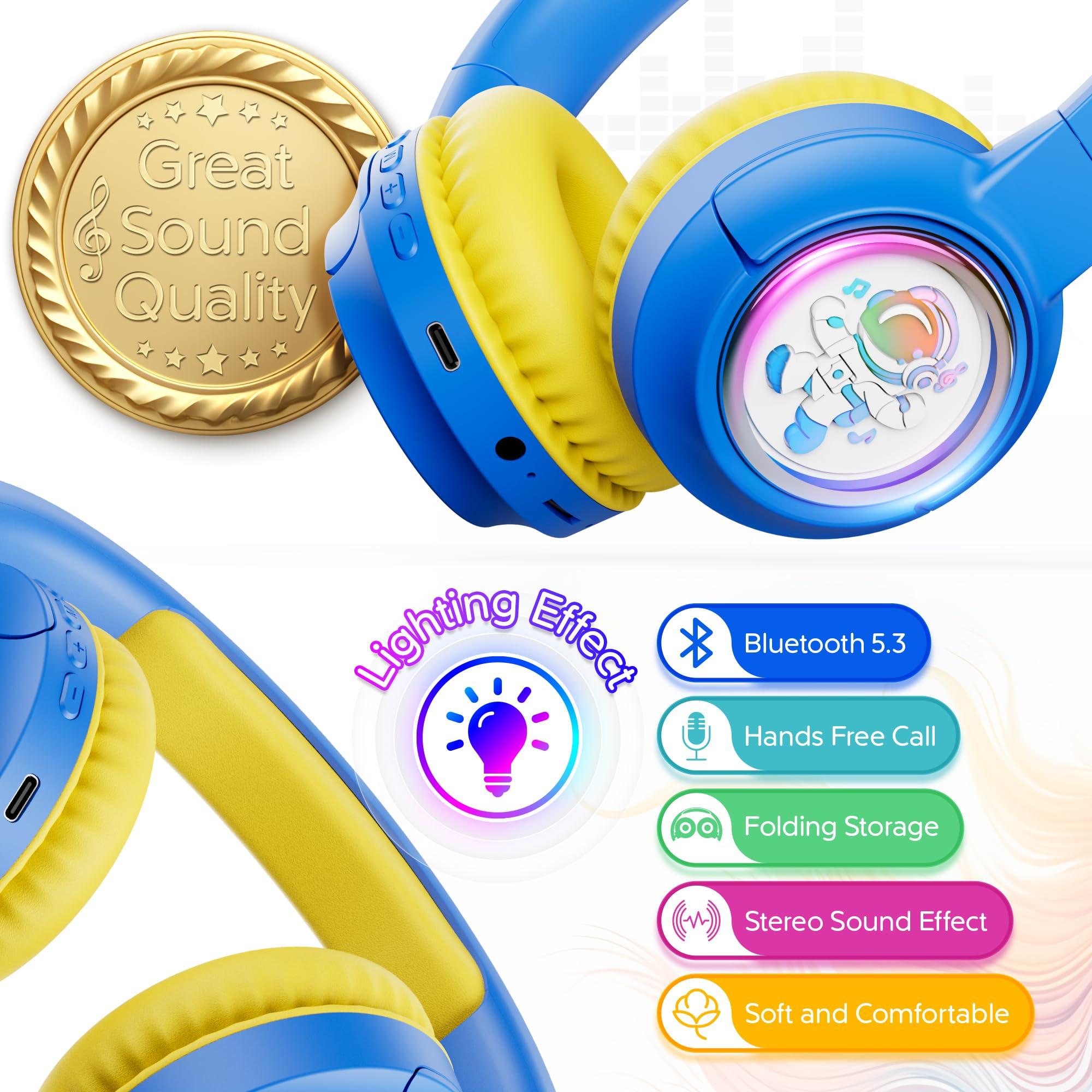 Contixo Contixo - Kids Bluetooth Headphones - Wireless & Wired Over-Ear - 85/94dB Volume Limiting - LED Lights, Foldable, Adjustable Headband, Mic - Lightweight Noise-Limiting Design for Boys & Girls - Blue