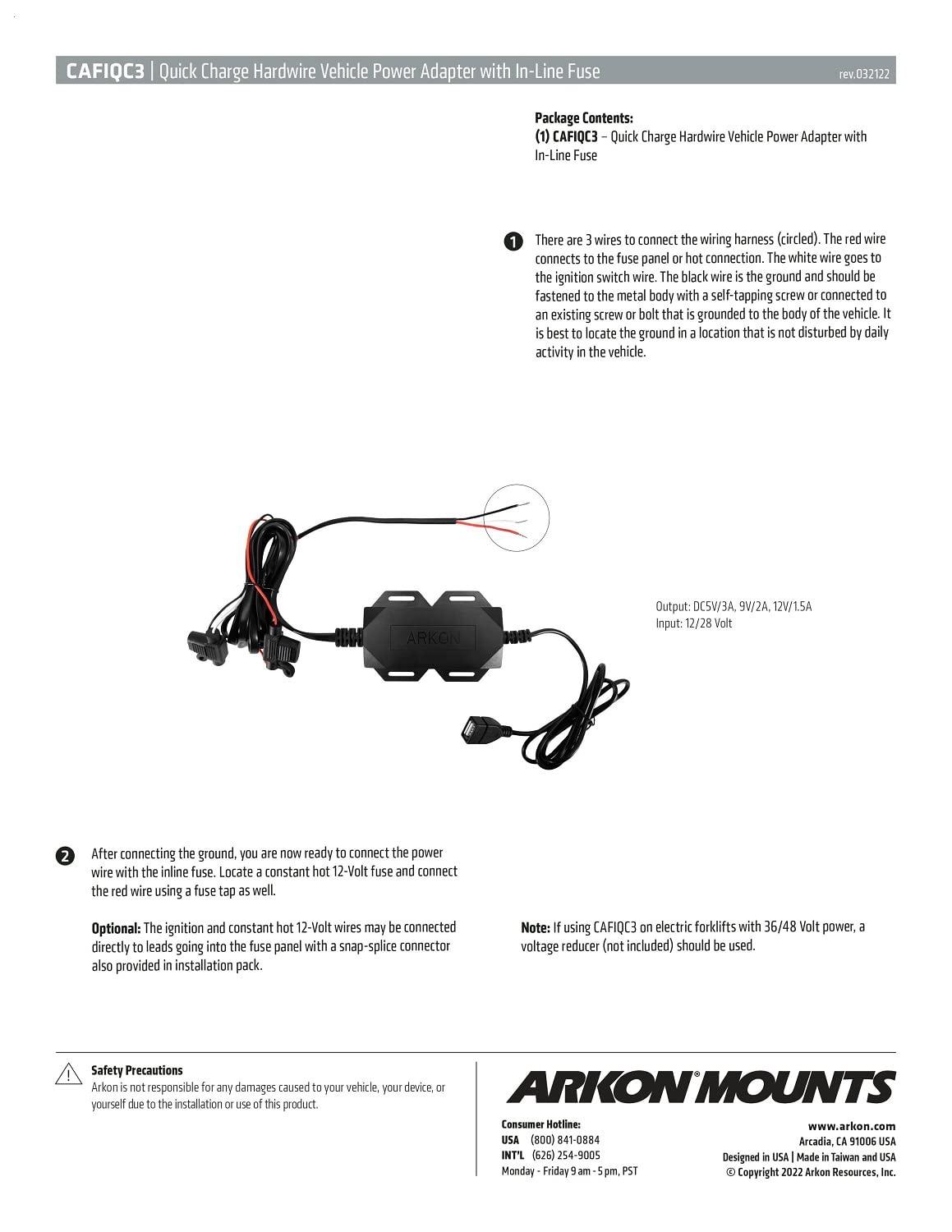 ARKON Arkon Mounts CAFIQC3 Quick Charge Hardwire Vehicle Power Adapter with in-Line Fuse Retail Black