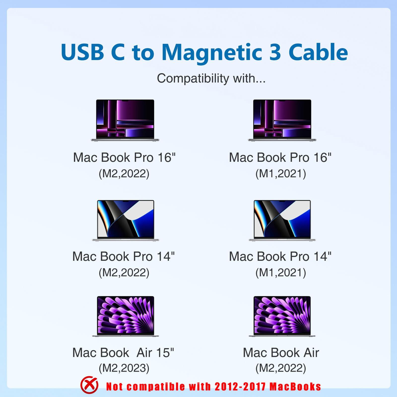 Qacxzer USB-C to Magnetic 3 Cable, 140W Magnetic Safe Charging Cable Compatible with MacBook Pro/Air & M1 M2 M3(Between 2021-2024 14"& 16 inch) - 6.6ft
