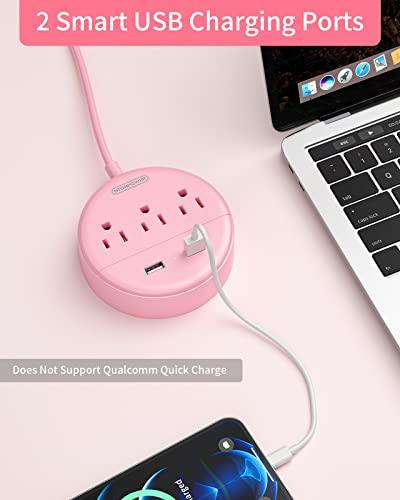 NTONPOWER Pink Extension Cord 15ft, NTONPOWER Flat Plug Power Strip with Long Extension Cord, 3 Outlet 2 USB Desktop Charging Station Wall Mount for Home, Dorm Room, Office and Nightstand, ETL Listed