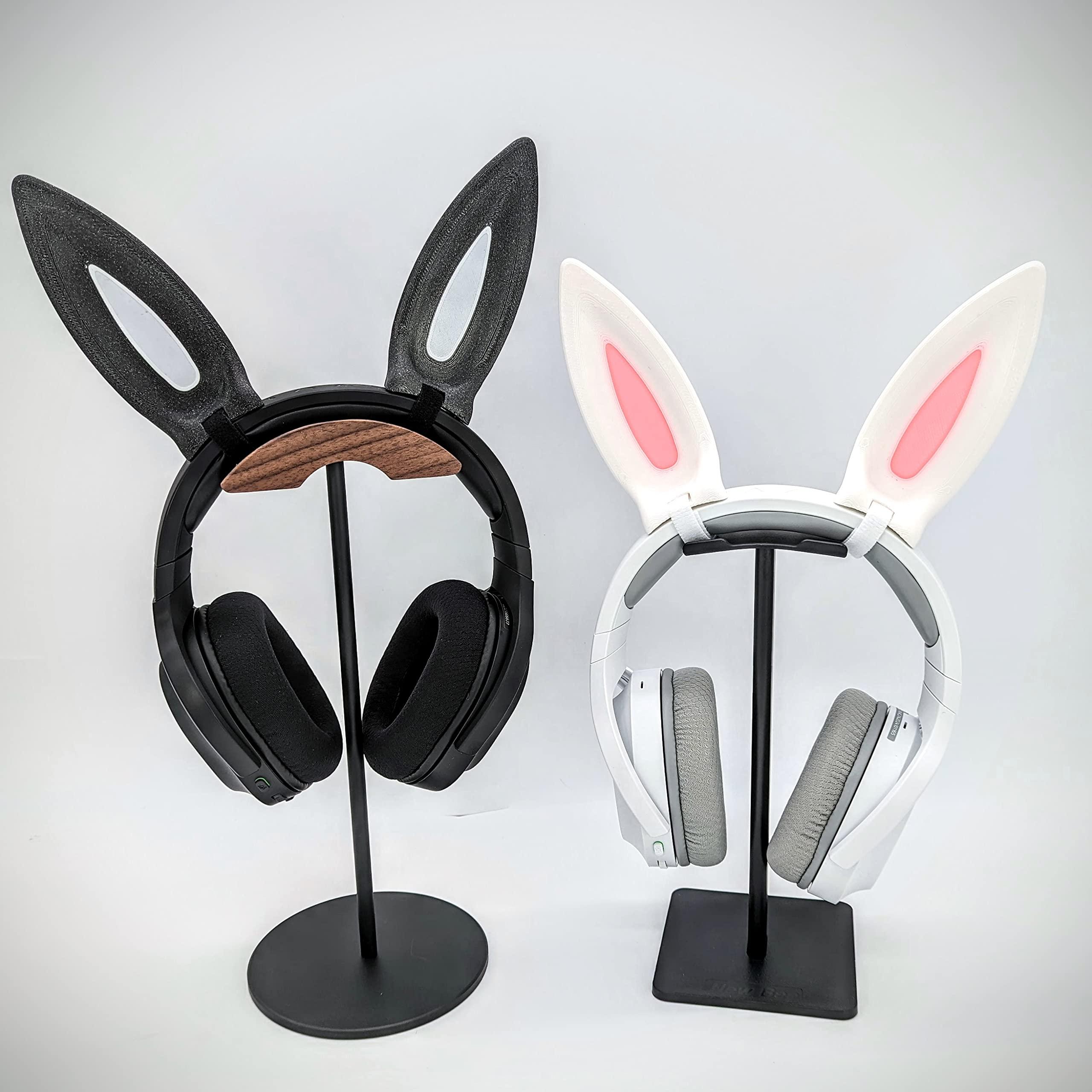 DirectNine Basics Bunny Ears for Headphones - Adorable Bunny Headphones Attachment in Various Colors with Hidden Self Fastener - Bunny Ears for Gamers and Streamers (Set of 2) (White/Pink, Straight/Bent)