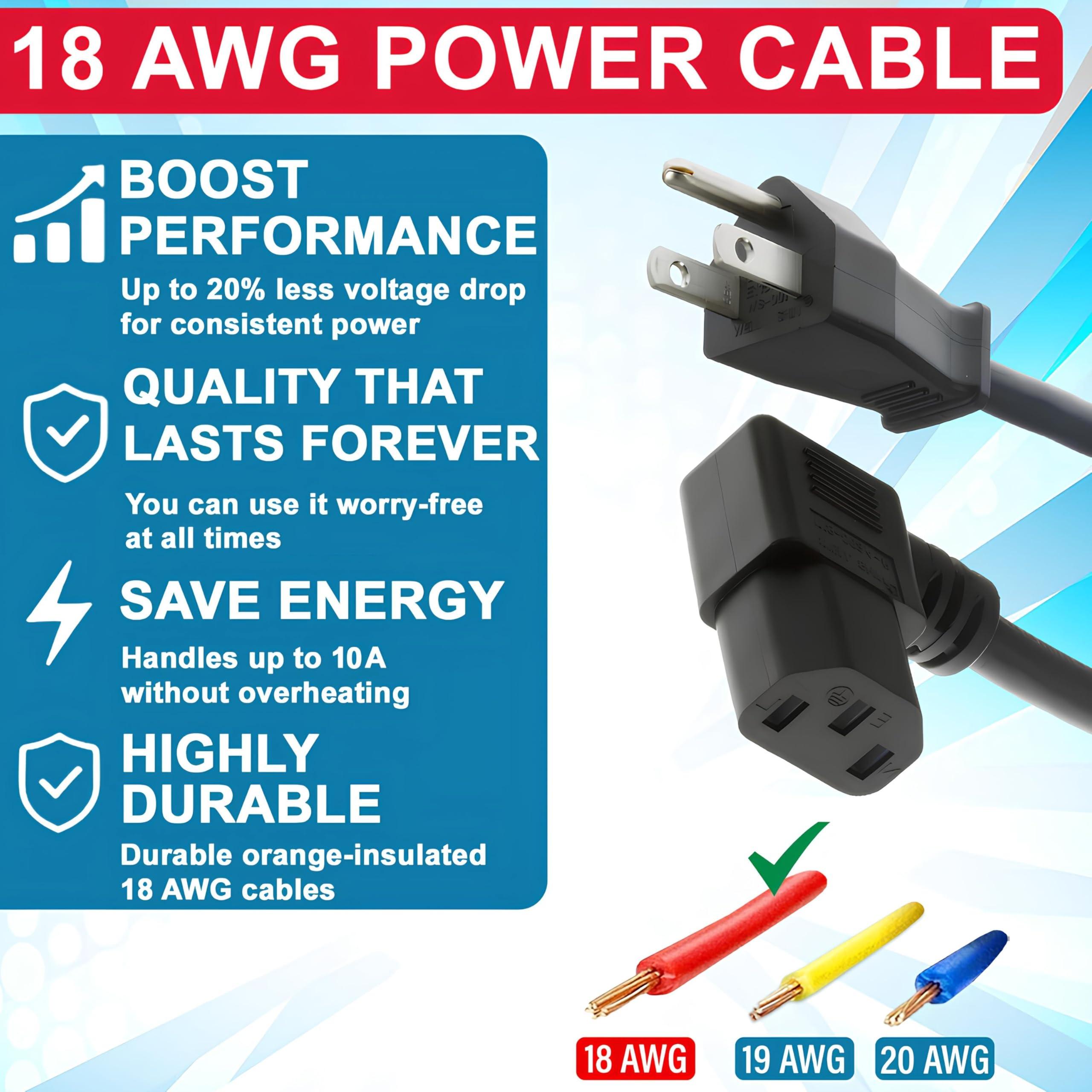 CablesAndKits CablesAndKits 10 ft Right Angle Power Cord for PC Computer Monitor Printer, 10A/125V, 18 AWG, 5-15P to C13, Right Angle Computer Power Cord (NEMA 5-15P to IEC-60320-C13) Black Lifetime Wty
