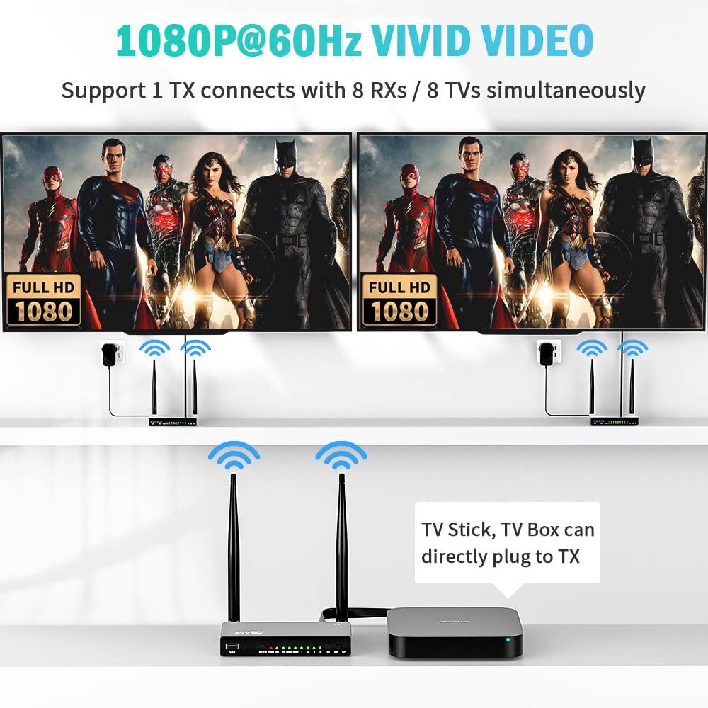 TIMBOOTECH TIMBOOTECH Wireless HDMI Transmitter & 2 Receivers, Multiple TVs, 5.8G HDMI Wireless Extender, 1080P@60Hz, 820FT, KVM, IR Remote, HDMI Loop Out, Live Stream Video &Audio to Multiple Displays(1TX+2RX)
