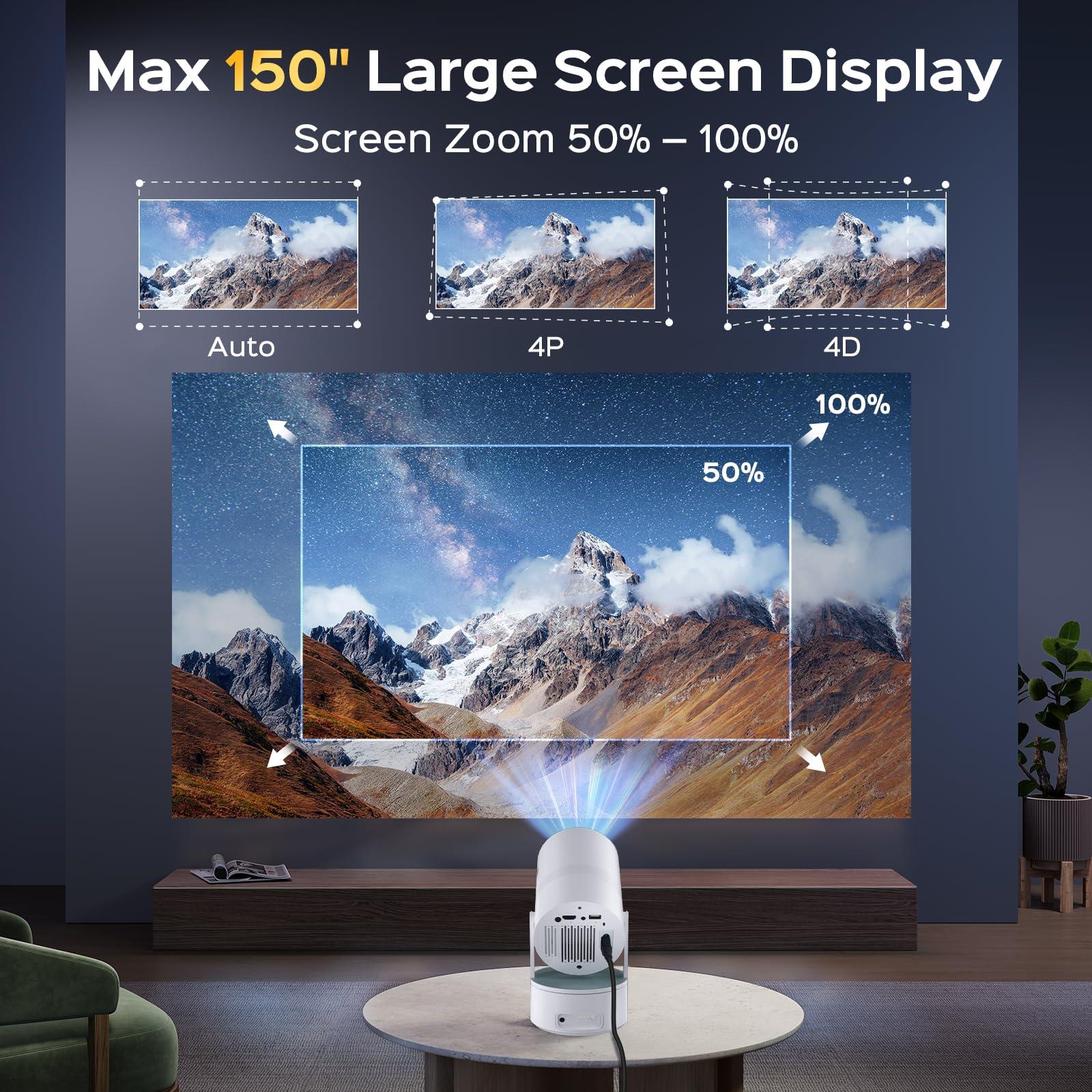 AUBOR MENTECH [Built-in Battery] Mini Projector with Wifi and Bluetooth, Rechargeable Portable Outdoor Smart Projector with Support 4K Decoding, Electric Focus Home Theater for Phone, White