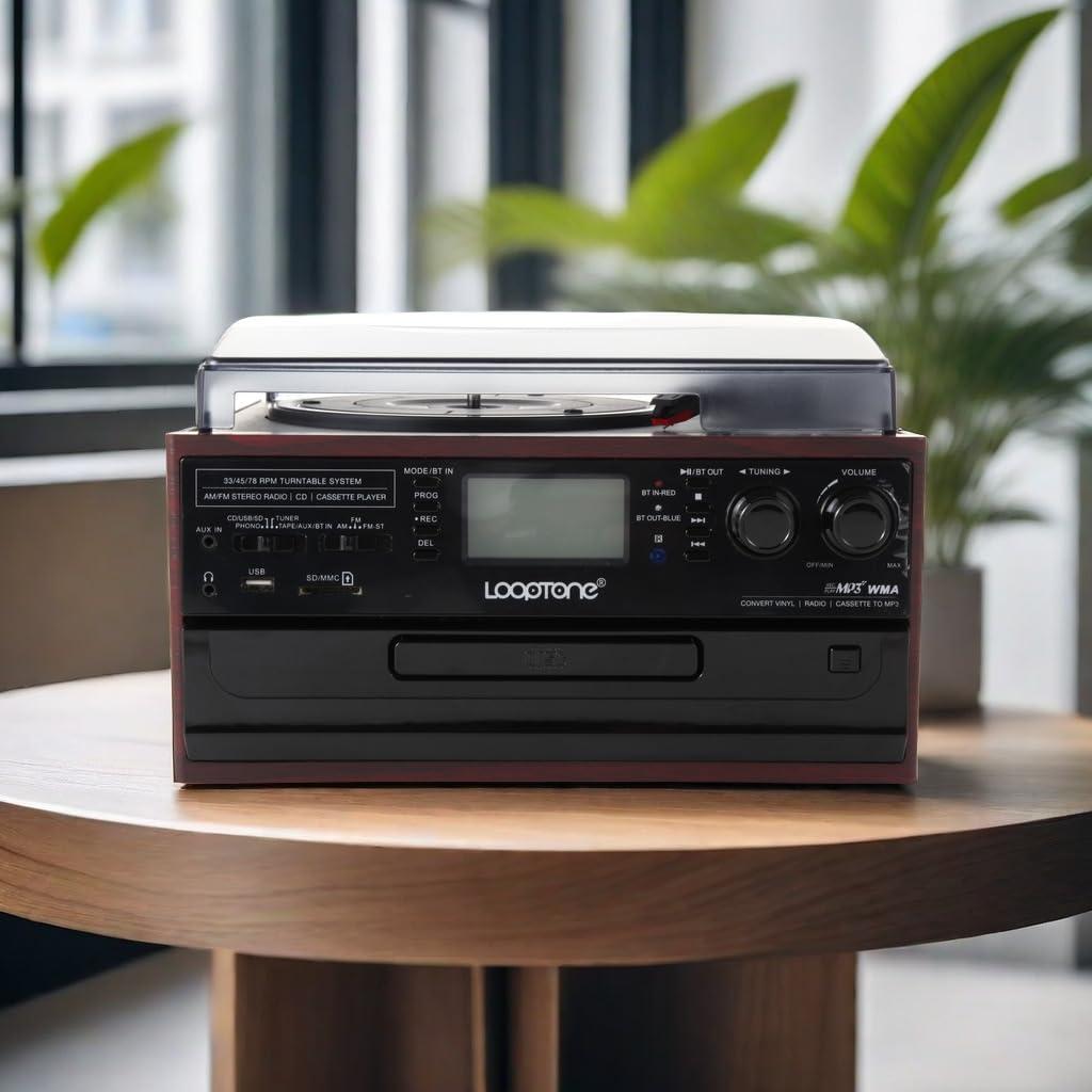 LoopTone LoopTone 10 in 1 Bluetooth in/Out Record Player 3 Speed Vinyl Vintage Turntable CD Player Cassette AM/FM Radio 2 Built in Speaker USB/SD Recorder Aux-in RCA Line-Out