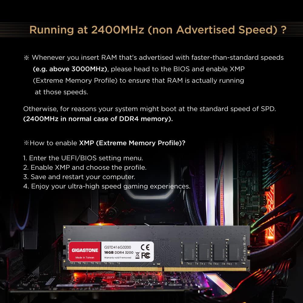 Gigastone DDR4 RAM GIGASTONE 16GB DDR4 3200MHz (2933MHz or 2666MHz) PC4-25600 (PC4-23400, 21300) CL22 1.2V UDIMM 288 Pin Unbuffered Non ECC High Performance PC Desktop Memory Upgrade