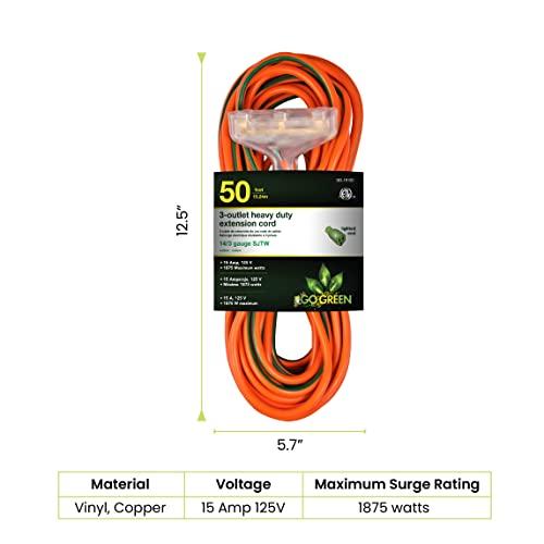 Go Green Power Inc. GoGreen Power (GG-15150) 14/3 50’ SJTW 3-Outlet Heavy Duty Extension Cord, Lighted End, 50 Ft