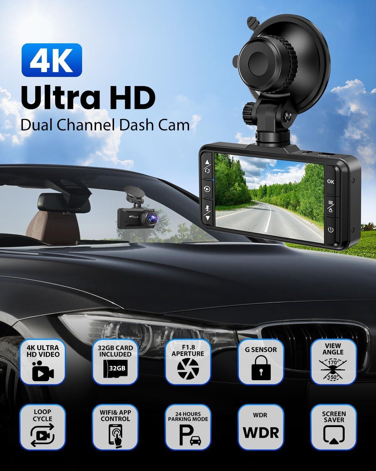 SUVCON Dash Cam Front and Rear 4K/1080P, Dash Camera for Cars Build in WiFi, Full HD Dash Cam with APP Control, 3.94'' IPS Screen Dash Camera with 32GB SD Card, G-Sensor, 24Hr Parking Mote, Loop Recording