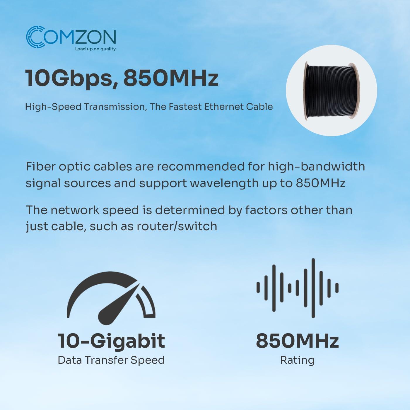 COMZON COMZON 2-Strand Fiber Indoor/Outdoor Fiber Optic Cable Multimode 50/125 OM3, 10Gbps, Riser Rated, Black, Spool, Water-Blocking, PVC Jacket, UL-Listed, Corning Quality, 2000ft