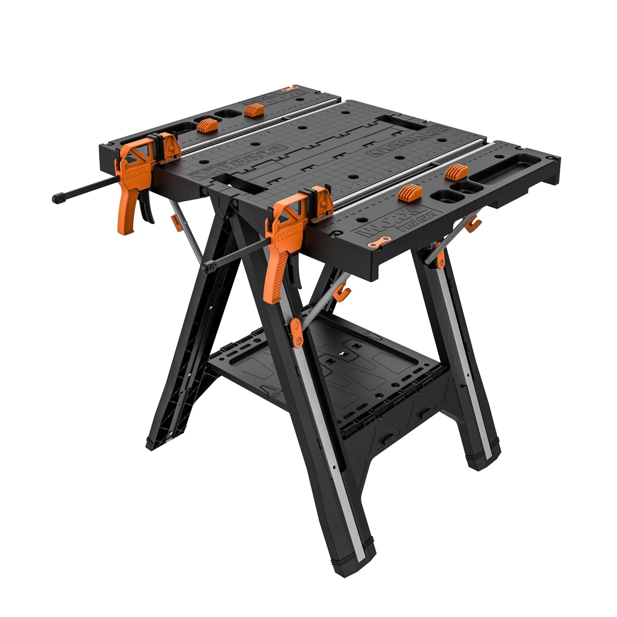 WORX Worx Pegasus 2-in-1 Folding Work Table & Sawhorse, Easy Setup Portable Workbench, 31\" W x 25\" D x 32\" H Lightweight Worktable with Heavy-Duty Load Capacity, WX051 - Includes 2 Clamps & 4 Clamp Dogs