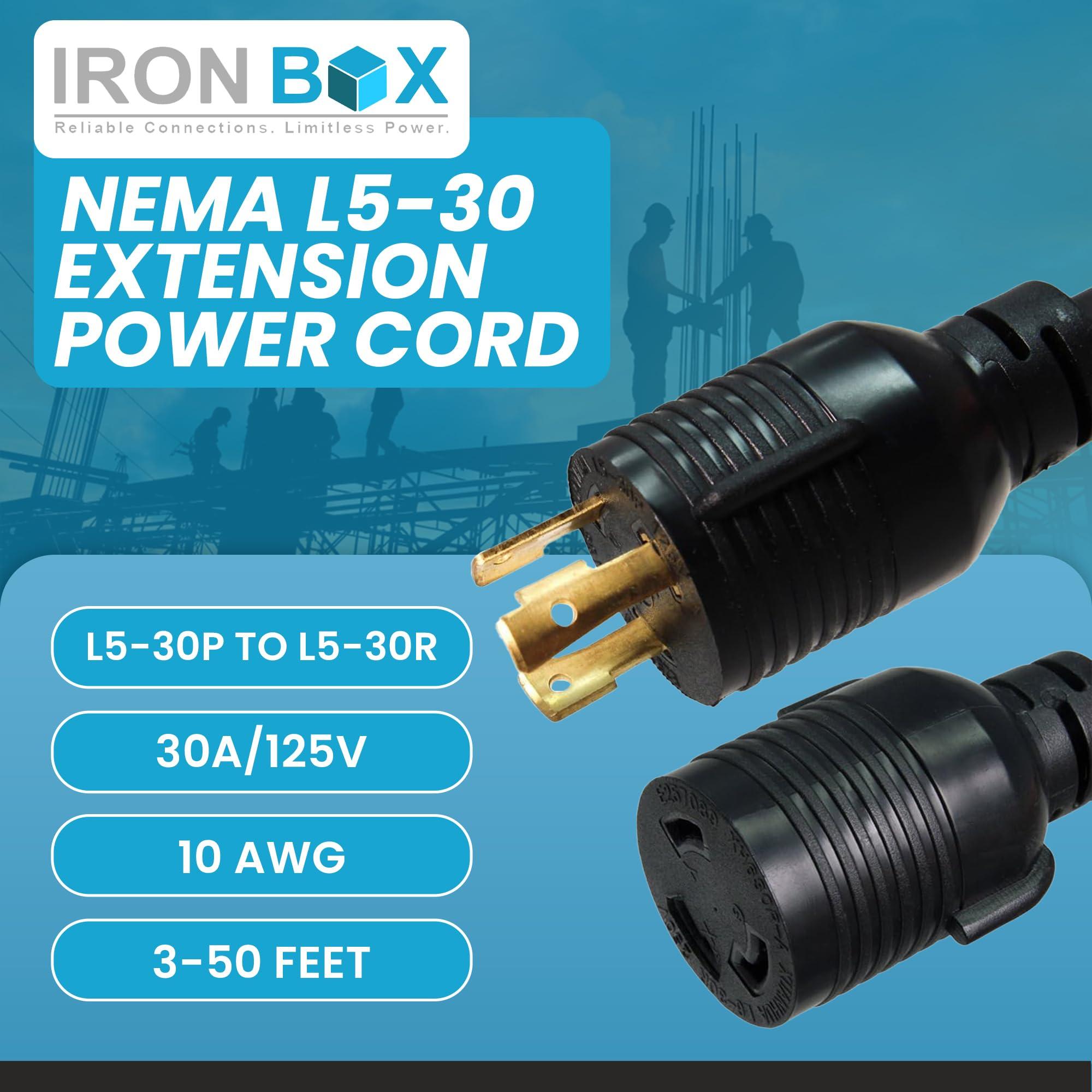 Iron Box IronBox Electric - Heavy Duty NEMA L5-30 Extension Power Cord - 30A/125V UL Listed Extension Cord - Power Cable for RVs, Generators, and Power Tools - Ideal for Indoor & Outdoor Use(Molded, 3 feet)