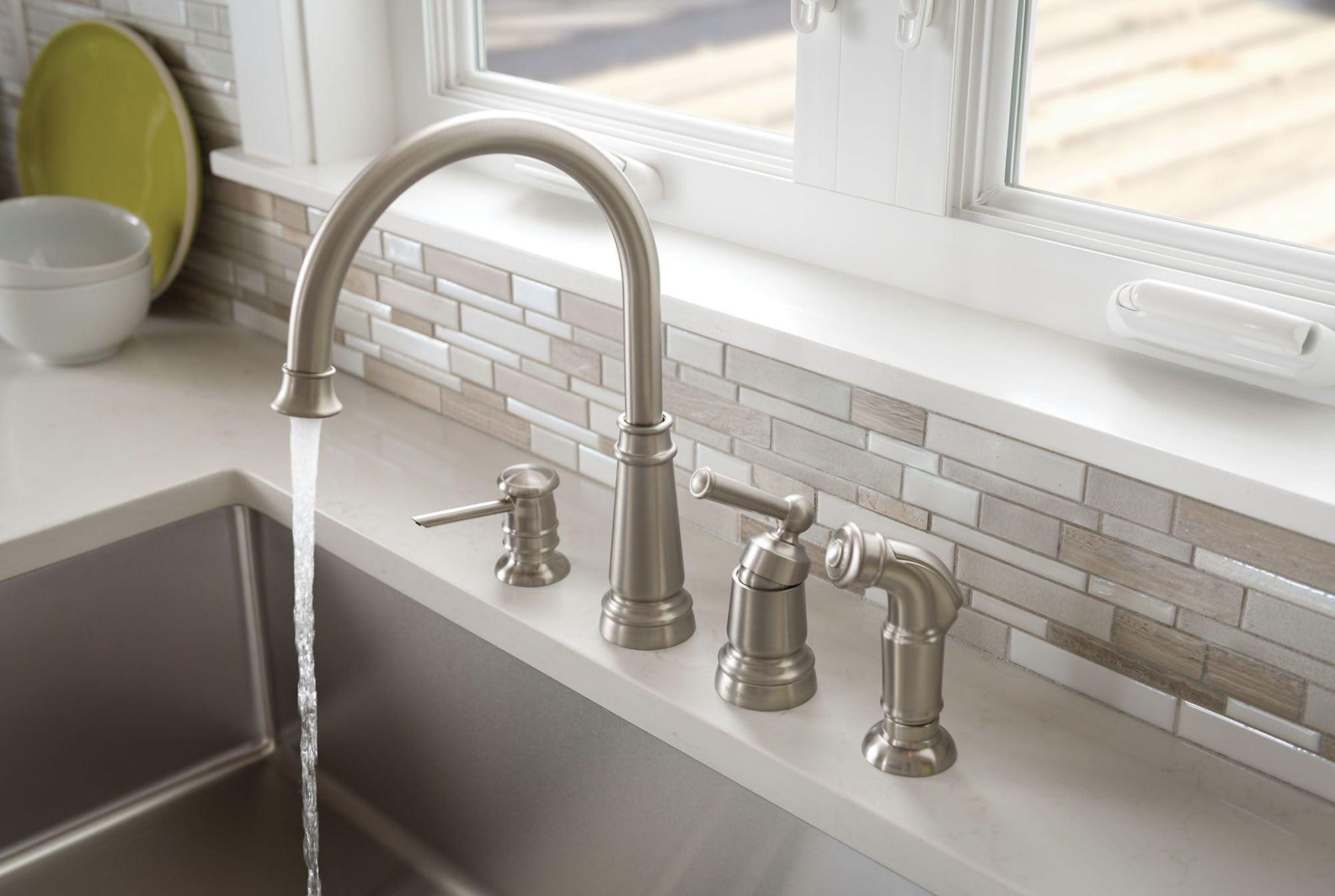 Moen Moen Spot Resist Stainless One-Handle High Arc 4-hole Kitchen Faucet with Side Sprayer and Soap Dispenser, 87042SRS