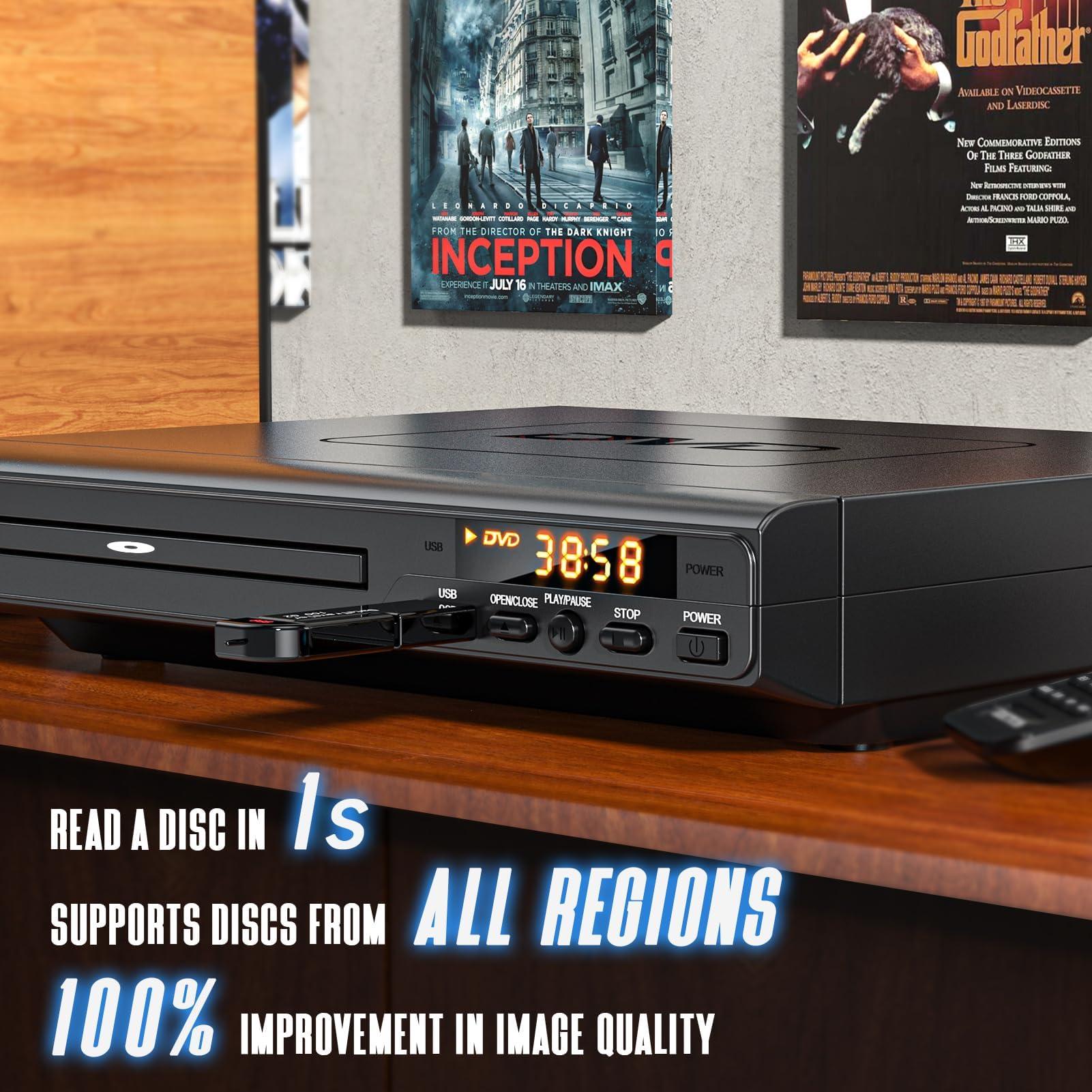 ELECTCOM PRO DVD Players for TV with HDMI, DVD Players That Play All Regions, Simple DVD Player for Elderly, CD Player for Home Stereo System, Included HDMI and RCA Cable