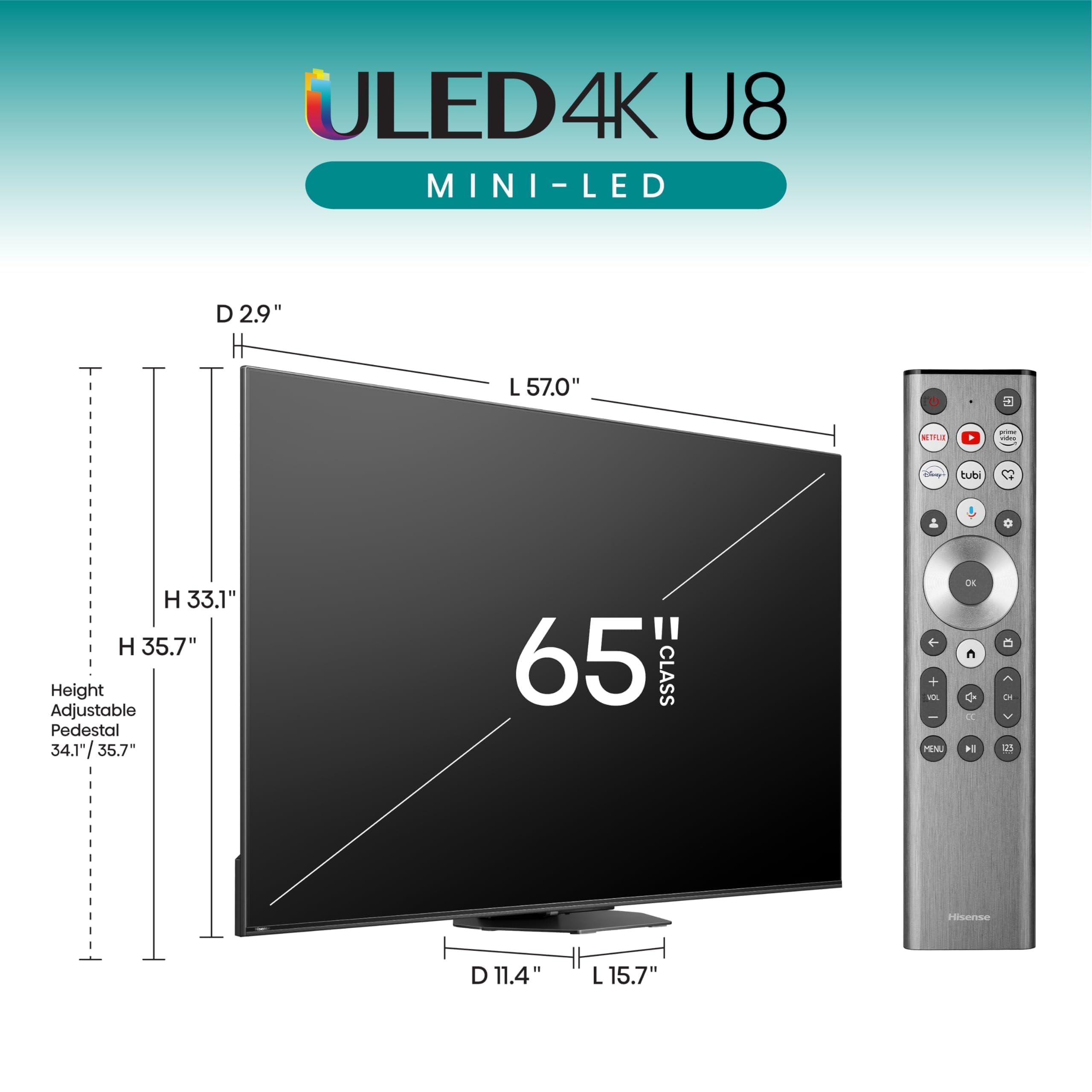 Hisense Hisense 65-Inch Class U8 Series Mini-LED ULED 4K UHD Google Smart TV (65U8N) - QLED, Dolby Vision IQ, Dolby Atmos, Full Array Local Dimming Pro, 144Hz Game Mode Pro, Alexa Compatibility