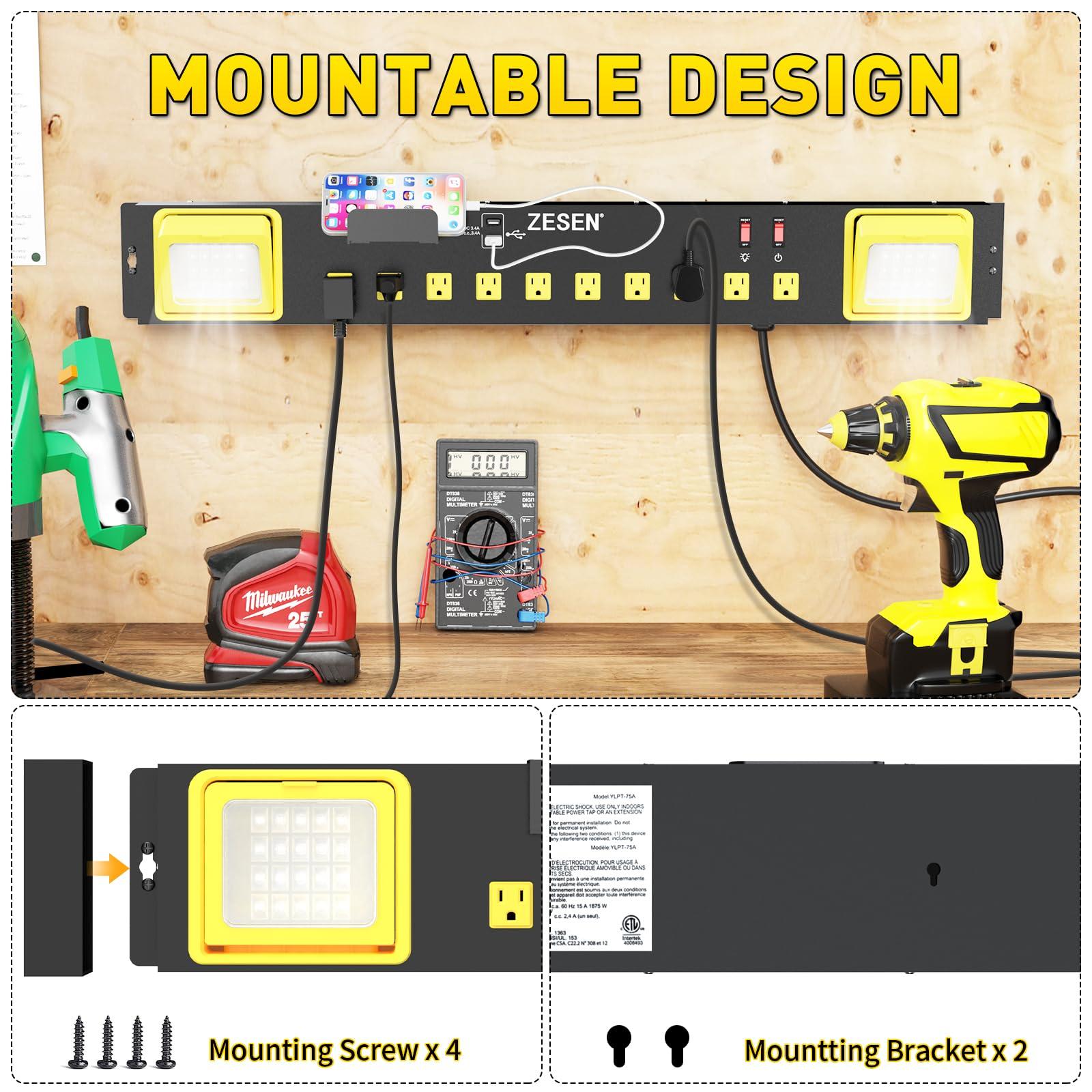 ZESEN ZESEN 10 Outlet Power Strip with LED Worklight, Heavy Duty Metal Power Strip Surge Protector 4ft Cord with 2-Port USB Charge, ETL Listed for Workshop Garage Office Home