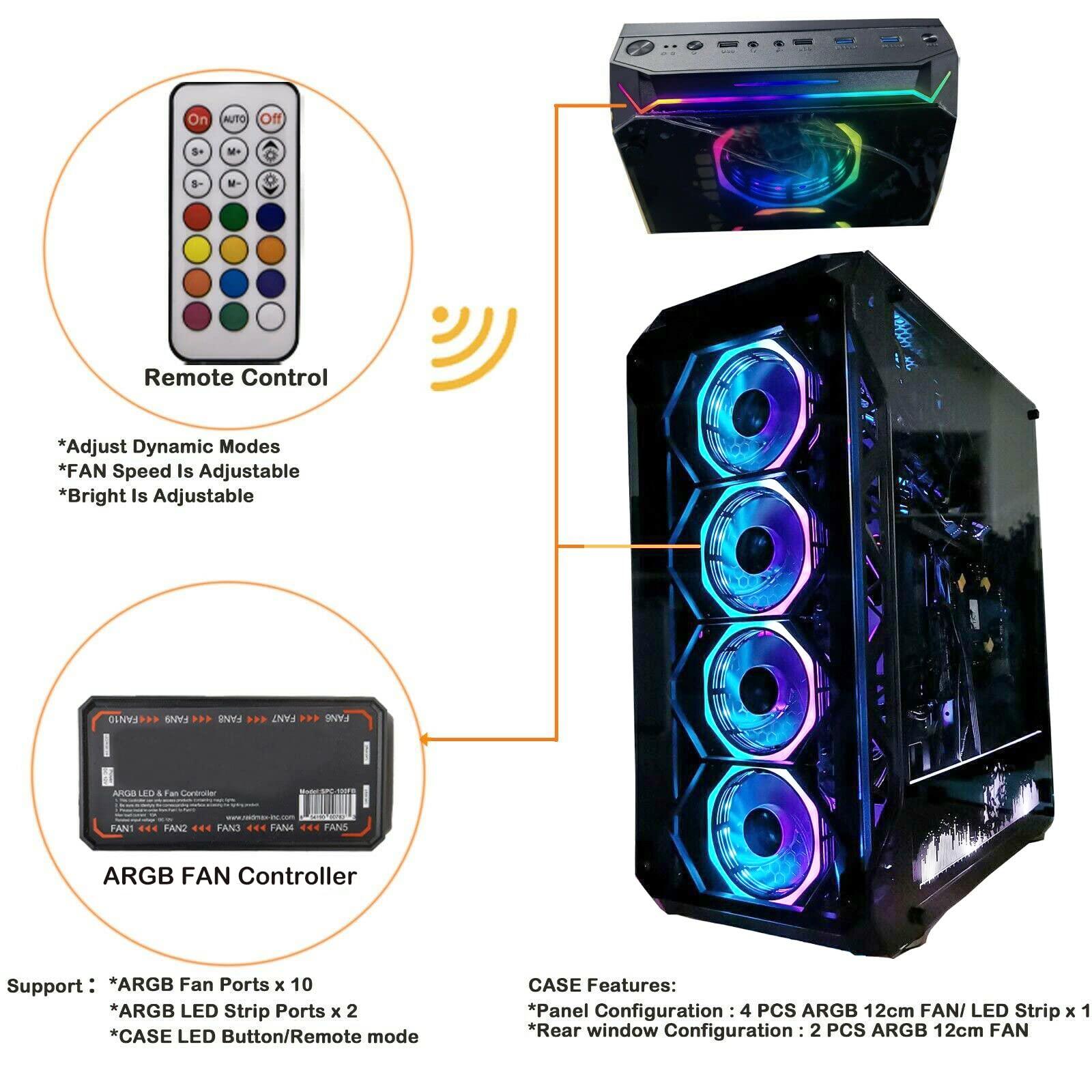 Rhino Rhinomax A17 Series Phoenix Full-Tower E-ATX/ATX/M-ATX Computer Gaming Case with 3-Sided Reinforced Glass, USB 3.0, 6 ARG Light-Emitting 12cm Fans with 1 ARGB Fan Controller