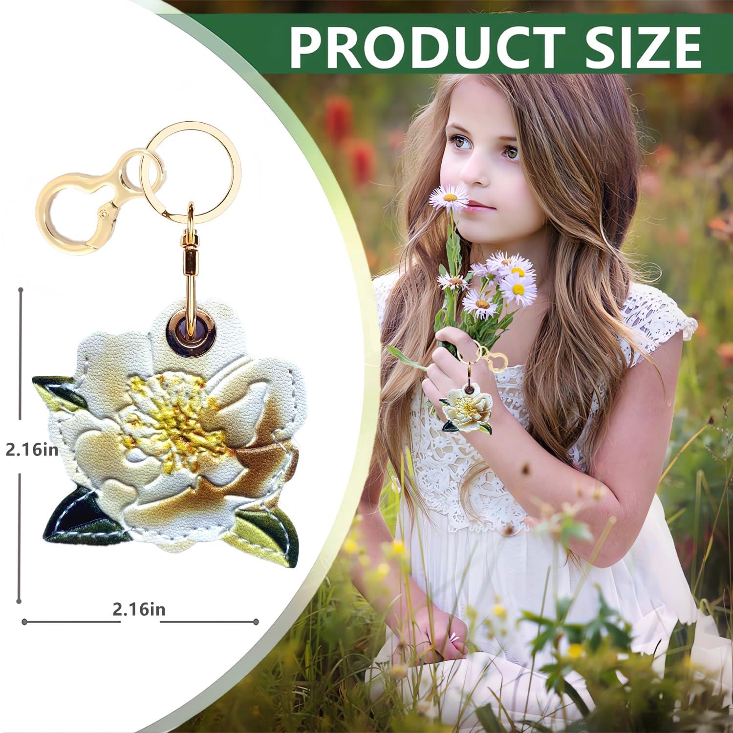 BORKUANA BORKUANA Leather Keychain Holder Case Compatible with Apple AirTag, Cute Protective Air Tag Cover with Keychain Ring, Anti-Scratch Finder GPS Tracker Case for Wallet Keys(White Peony)