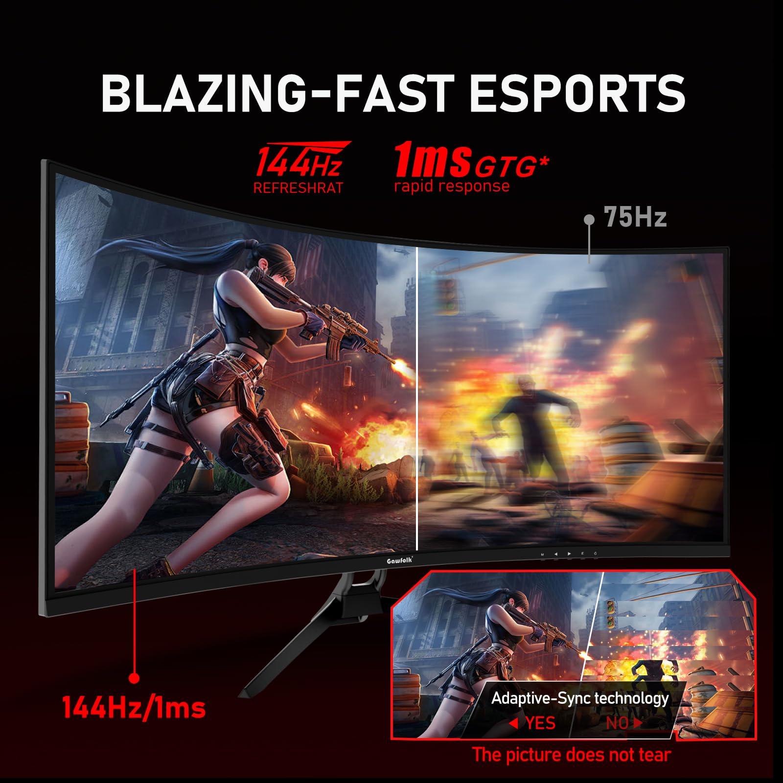 Gawfolk Gawfolk 34 Inch Ultrawide Curved 144Hz Gaming Computer Monitor 1500R PC Screen 21:9 UWQHD (3440x1440),Adaptive Sync,178 Viewing Angle,HDMIDisplay Port,Compatible with Wall mounting - Black