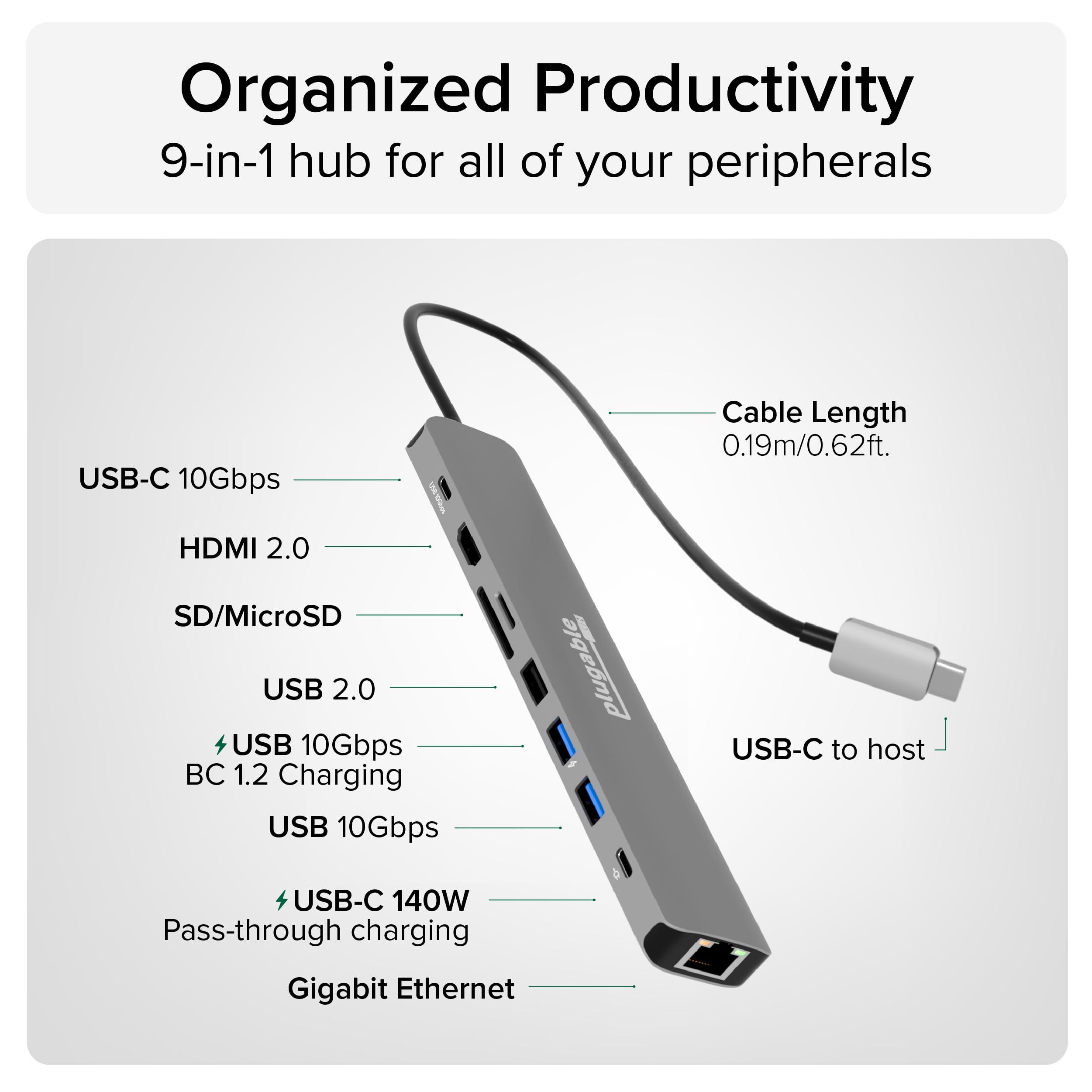 Plugable Plugable USB C Hub Multiport Adapter (9-in-1) 140W Power Delivery Charging, 4K 60Hz HDMI, 10Gbps USB-C and USB-A, Ethernet, SD | for USBC, USB4, Thunderbolt MacBook, Windows, Chromebook (USBC-9IN1E)