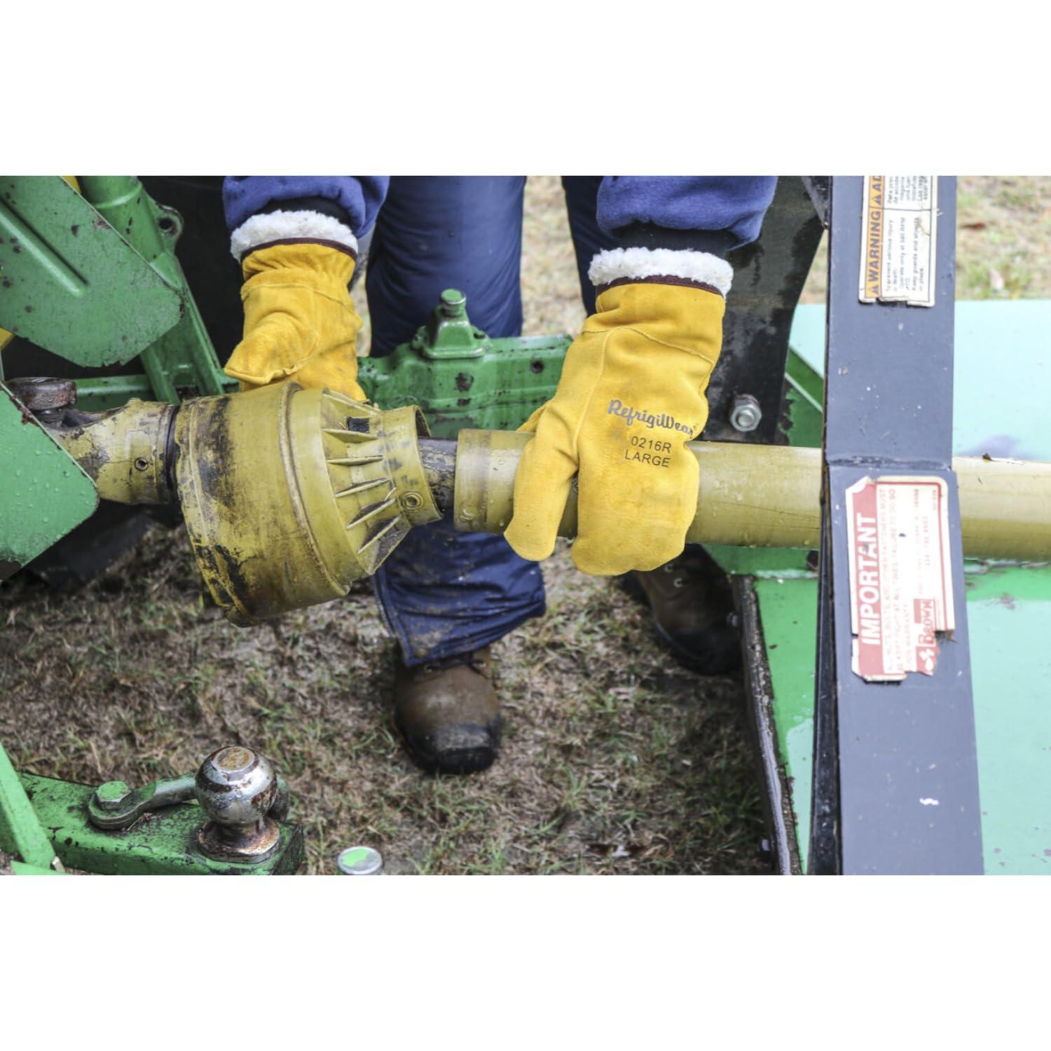 RefrigiWear RefrigiWear Sherpa Lined Three Finger Split Cowhide Leather Mitten Work Gloves (Gold, Large)