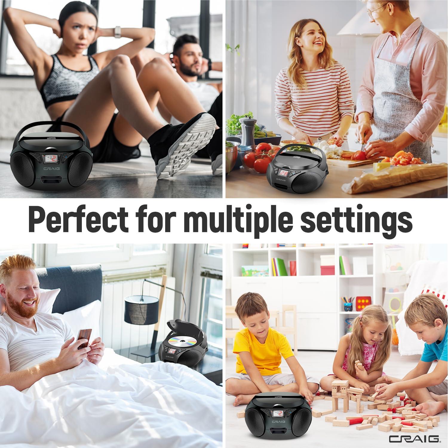 Craig |Craig CD6925 Portable Top-Loading Stereo CD Boombox with AM/FM Stereo Radio | Bluetooth Wireless (Black, Bluetooth) | No Headphone Jack | 3.5mm Aux Input