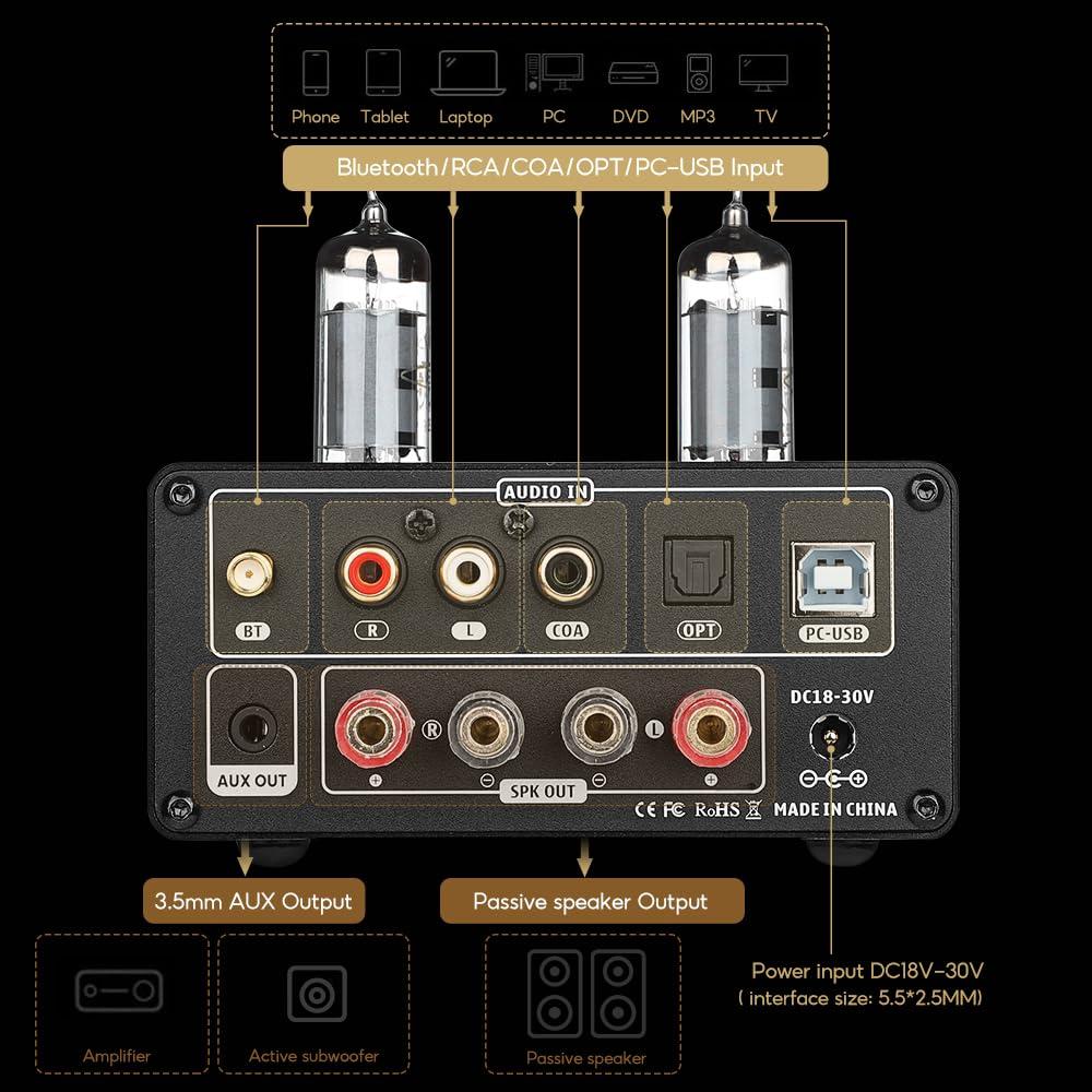 AIYIMA AIYIMA T9 100W*2 Bluetooth Stereo Amplifier Class D Amp 2.0/2.1 Channel Tube Power Amp with PC-USB DAC Coaxial Optical inputs &VU Meter & Bass Treble Tone Control for Home Stereo Speakers