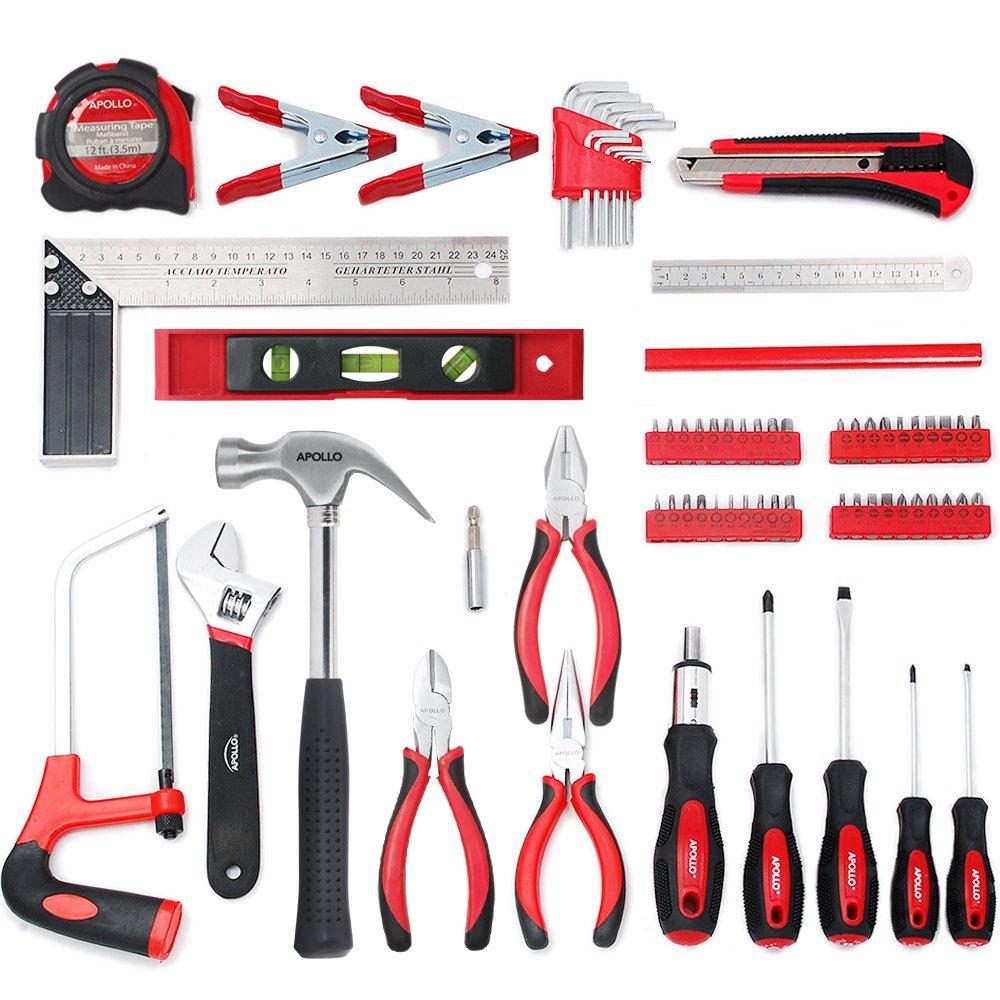 Apollo Tools Apollo Tools 71 Piece Complete Household Tool Set with Clamp, Hacksaw, Carpenter Square, Screwdriver and Plier Sets for College, Home Repairs and DIY - Red - DT0204