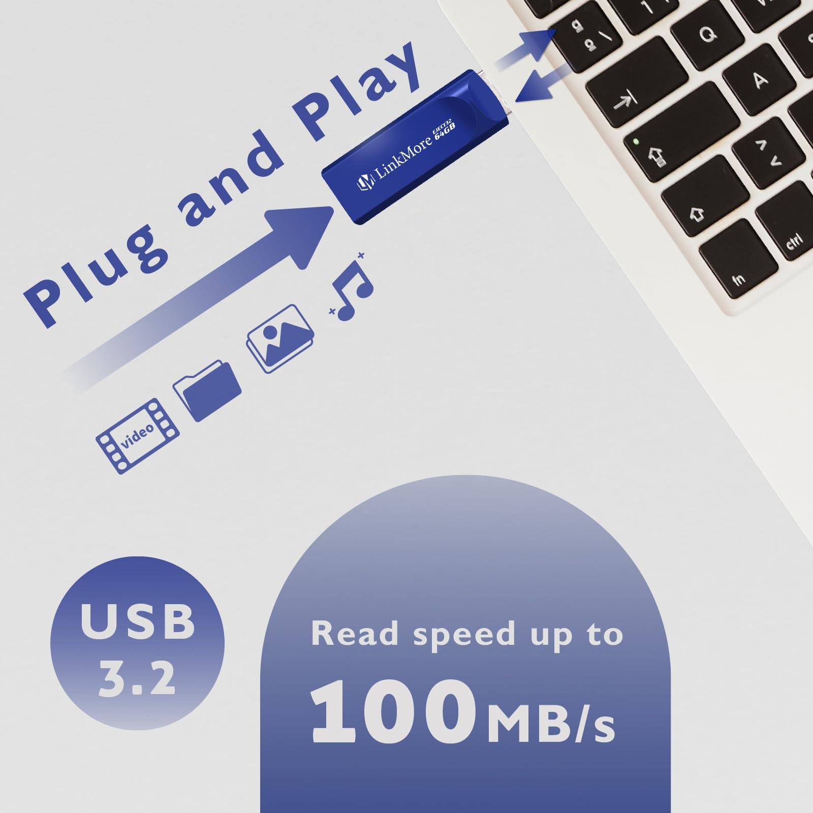 LinkMore LinkMore EJECT32 64GB USB 3.2 Flash Drive, Read Speed up to 100MB/s, Retractable Design Thumb Drive