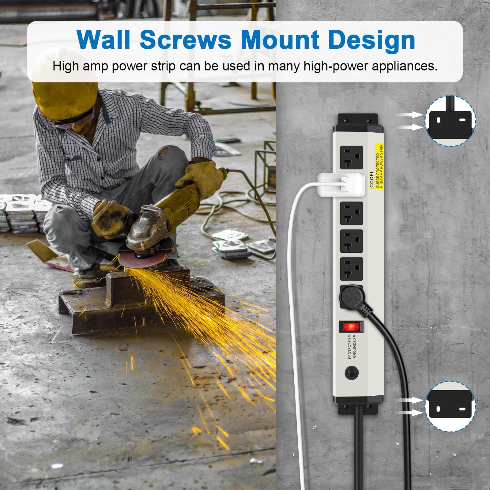 CCCEI CCCEI 12 Gauge Heavy Duty Power Strip Surge Protector 4800J, 20 Amp 6 Plug Industrial Shop Garage Metal Multiple Outlets, 15 FT Extension Cord 5-15P Adapter High Amp 6-20R T-Slot 20a for Appliance.