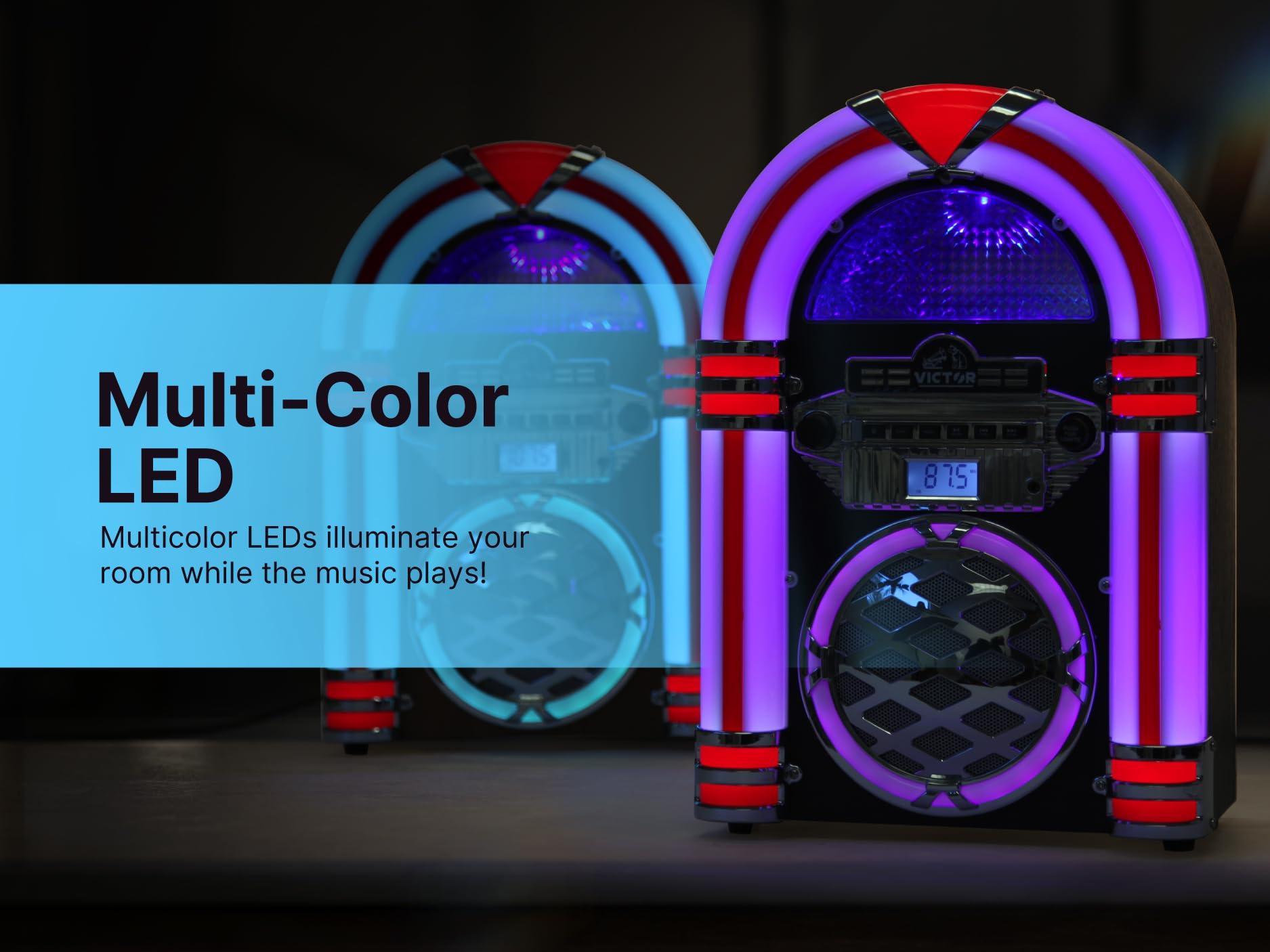 VICTOR VICTOR Wilshire Desktop Bluetooth Jukebox with FM Radio, Built-in Stereo Speaker and Multicolor LED Lighting, Mahogany (VDTJ-1450-MH)