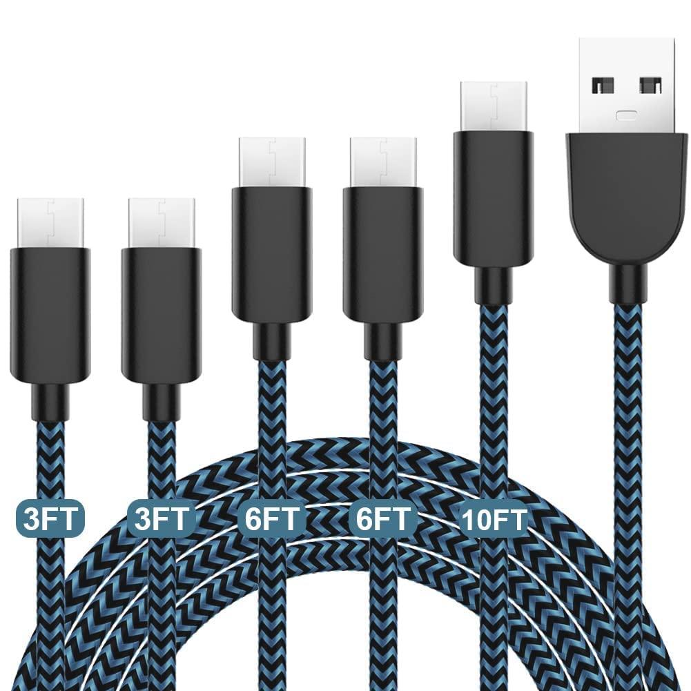 AIOXQNL& 5Pack (3/3/6/6/10FT) Fast Charging 3A USB-C to USB-A Cable Rapid Charger Quick Cord Compatible Samsung Galaxy S10 S9 S8 Plus, Note 10 9 8, LG V50 V40 G8 G7(Blue)