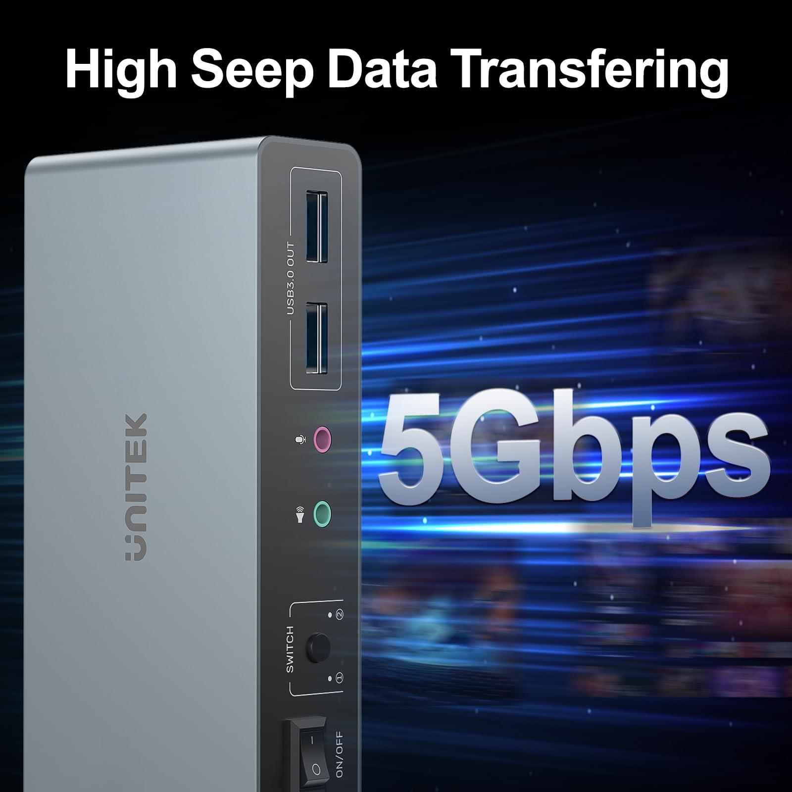 Unitek Unitek KVM Switch 2 Monitors 2 Computers 4K@60Hz HDMI+Displayport Dual Monitor KVM Switches 3 USB Ports for Sharing Keyboard Mouse Hard Drives Mic Headset 2 USB-B Cable DC 5V Adapter Controller