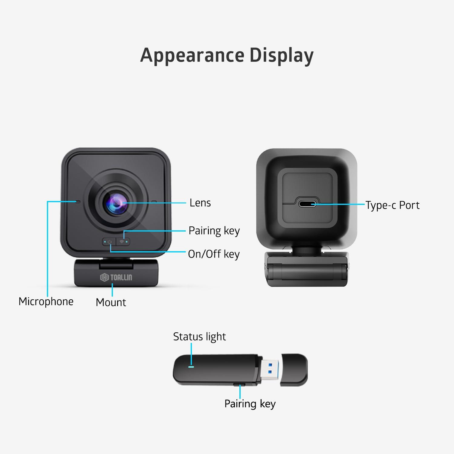 TOALLIN TOALLIN 1080P HD Wireless Webcam for PC, Built-in Noise-Canceling Microphone, Wireless Computer Camera for Video Conferencing, Live Streaming and Online Video Calls