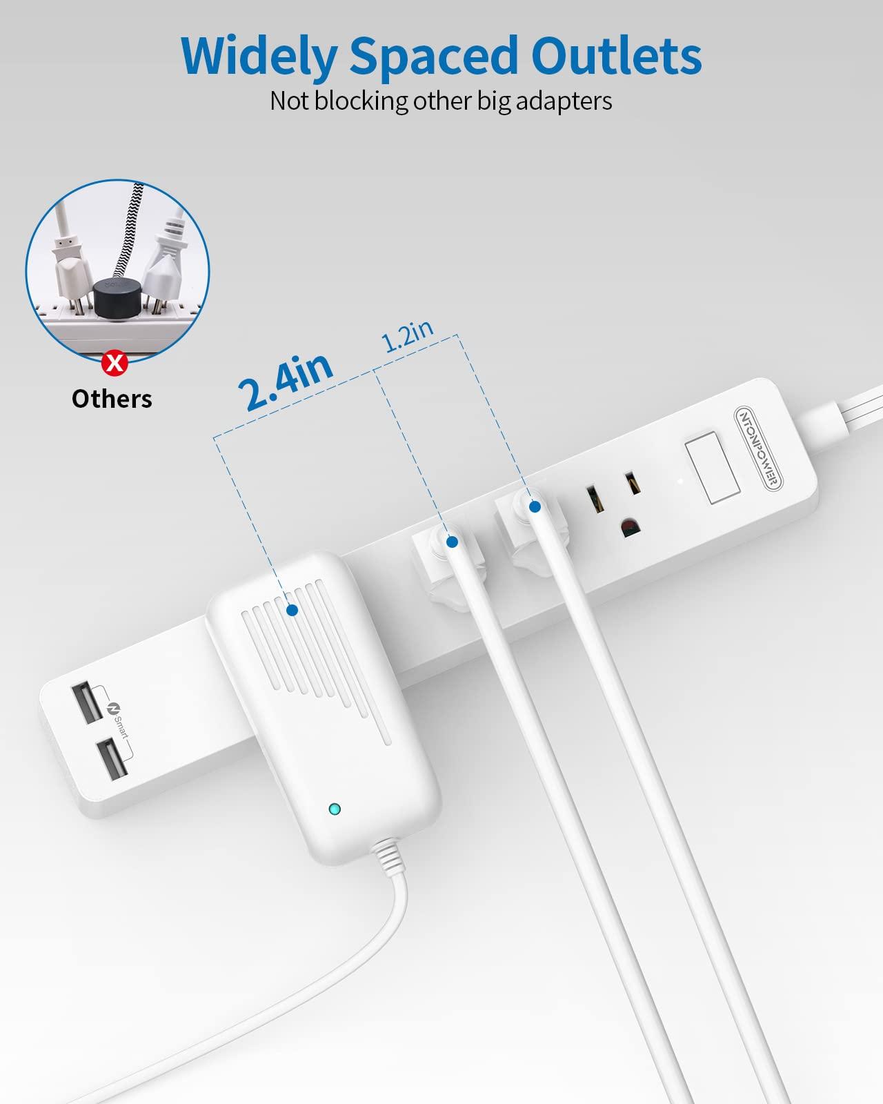 NTONPOWER Flat Extension Cord 15 ft, NTONPOWER Ultra Thin Flat Extension Cord Under Carpet, Rug, Door, Wall Mount Power Strip Flat Plug with 4 Outlets 2 USB, Overload Protection for Home Office Indoor, White