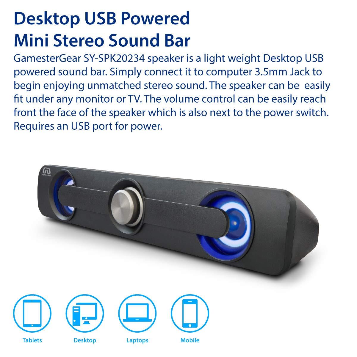 Syba GamesterGear Desktop Compact USB Powered Wired Multimedia Mini Stereo Sound Bar 3.5mm Audio Jack Blue LED 2.5 Watts Speaker