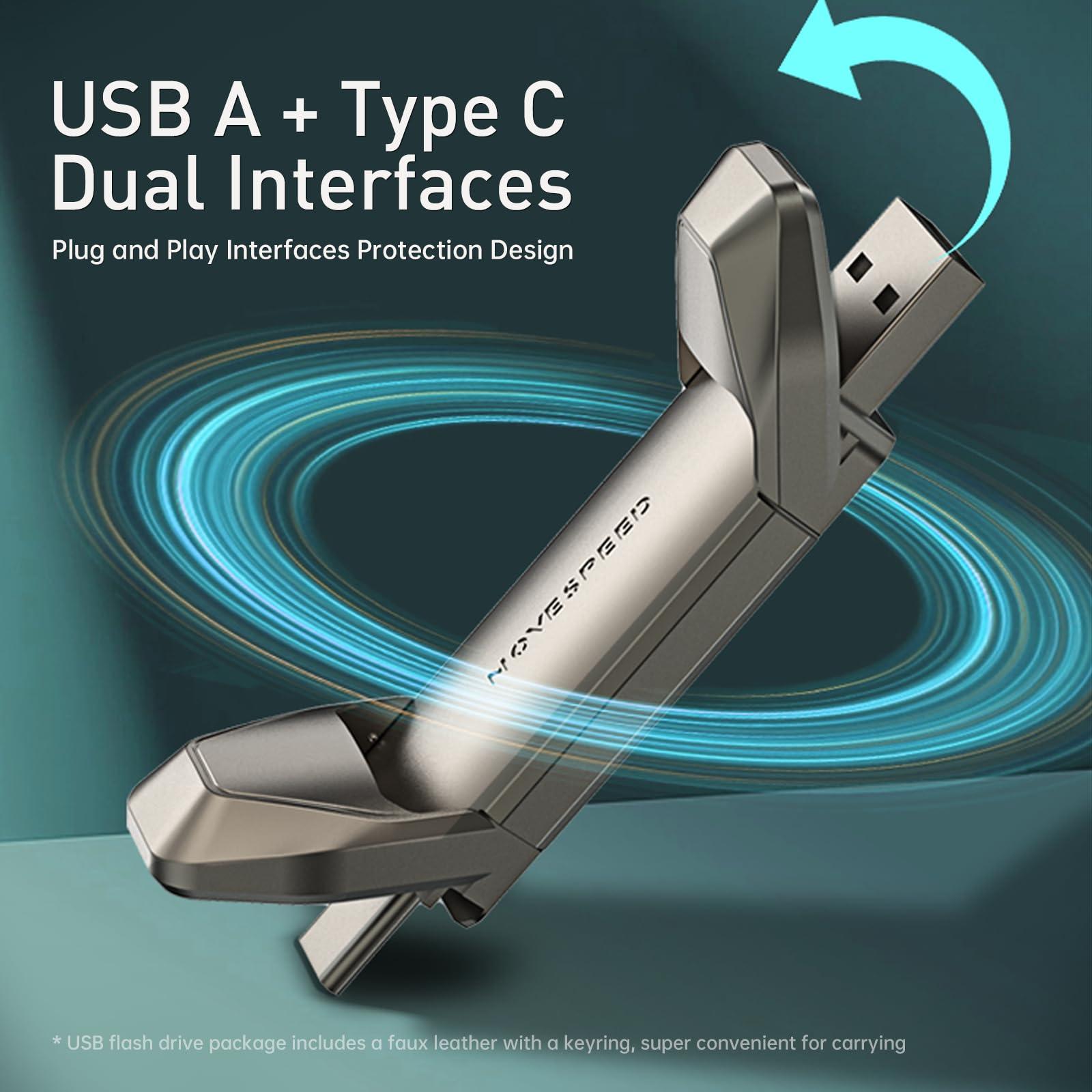 MOVE SPEED 256GB Solid State Flash Drive USB 3.2 550MB/s High Speed, Type C USB Dual Interface Drive Thumb Drive with Leather Case, Compatible with Android/Windows/Mac OS/iOS/Linux