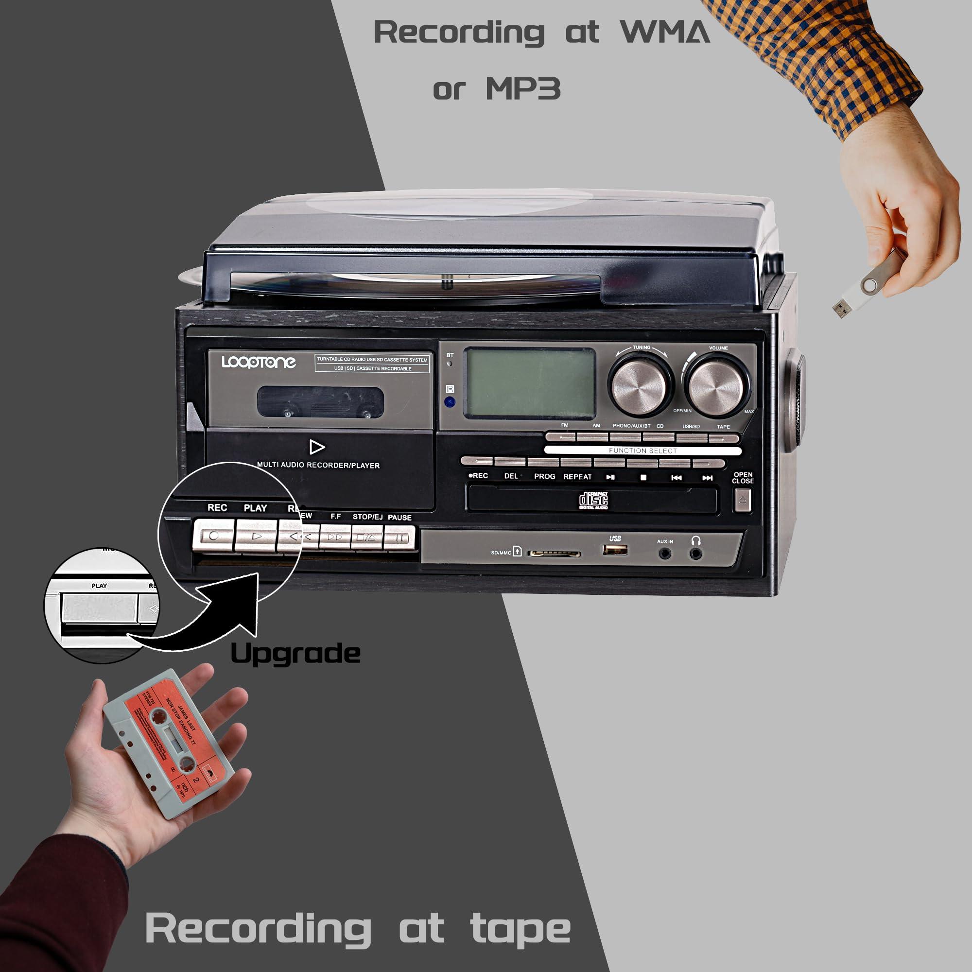 LOOPTONE LoopTone Vinyl Record Player 9 in 1 3 Speed Bluetooth Vintage Turntable CD Cassette Player AM/FM Radio USB Recorder Aux-in RCA Line-Out (Black Edition)