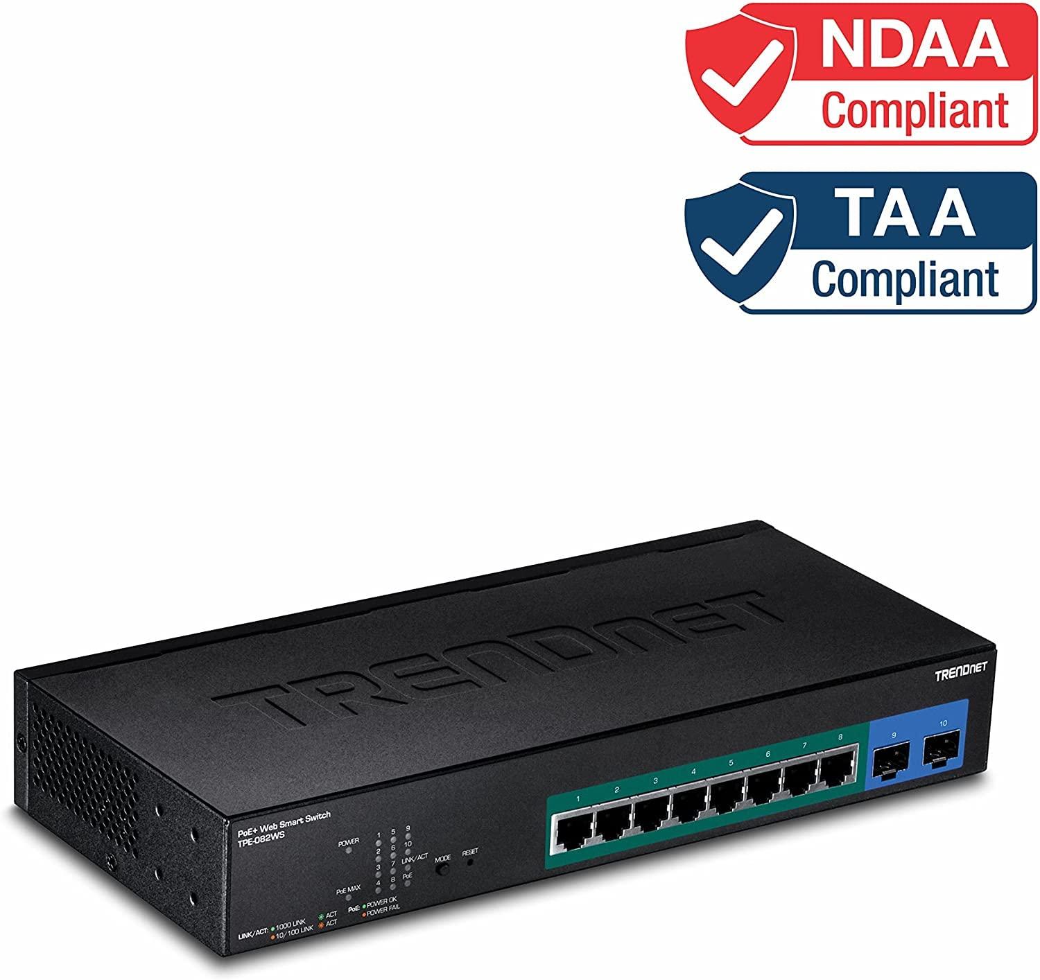 TRENDnet TRENDnet 10-Port Gigabit Web Smart PoE+ Switch, 8 x Gigabit PoE+ Ports, 2 x SFP Slots, Vlan, QoS, IPv6 Support, 20Gbps Switching Capacity, 75W PoE Power Budget, Lifetime Protection, Black, TPE-082WS