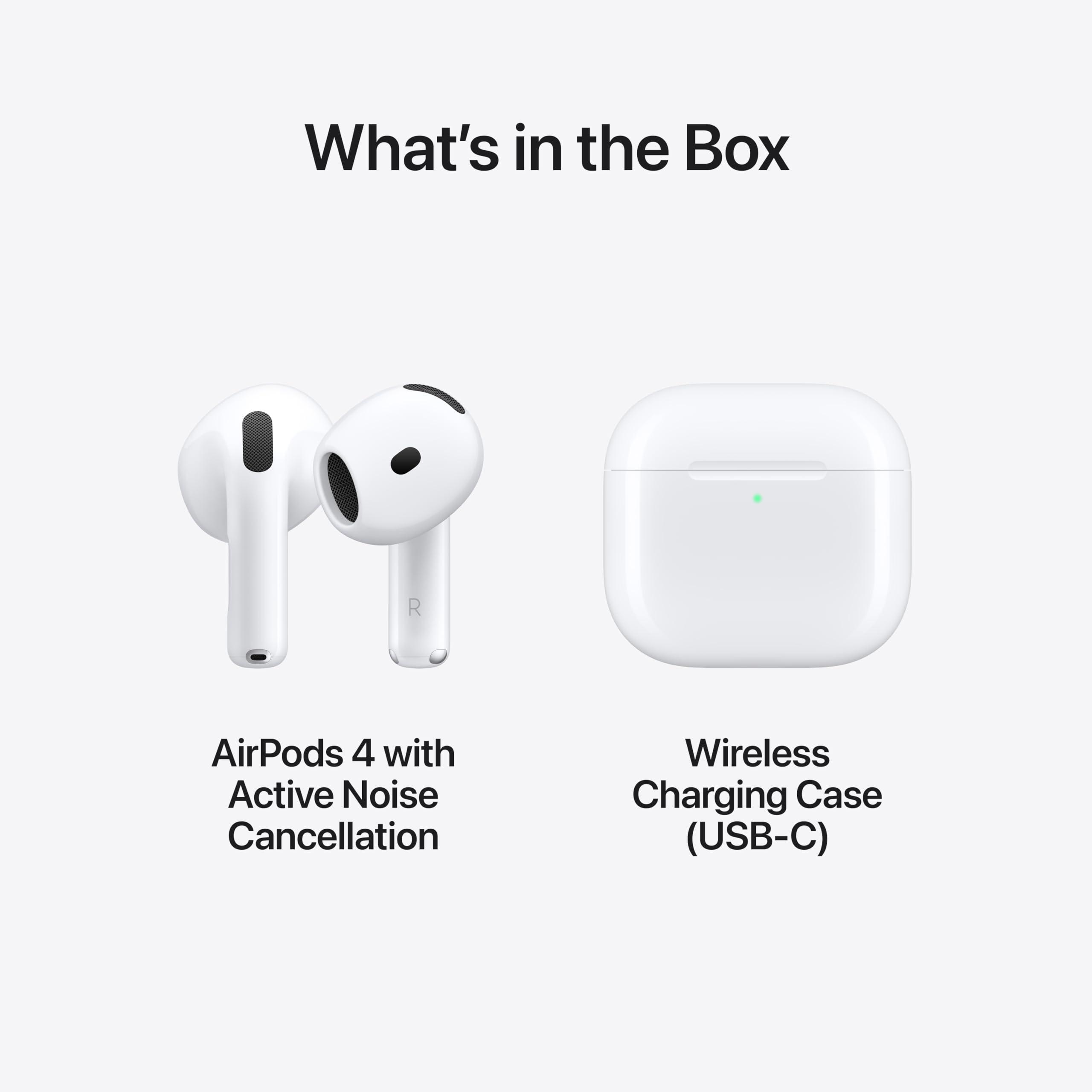 Apple Apple AirPods 4 Wireless Earbuds, Bluetooth Headphones, with Active Noise Cancellation, Adaptive Audio, Transparency Mode, Personalized Spatial Audio, USB-C Charging Case, Wireless Charging, H2 Chip