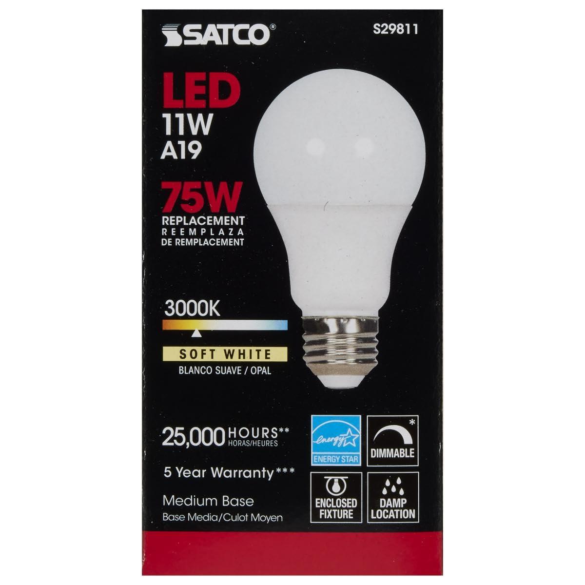 Satco Satco Lighting S29811-11 Watt A19 LED Dimmable Frosted Light Bulbs - 3000K - Medium Base - 1100 Lumens - 220 Degree Beam Angle -120 Volts (6 Pack)