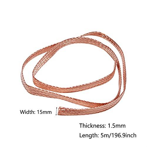 BAIWANLIN BAIWANLIN Bare Copper Braided Ground Wire Flat Stranded Soft Conductive Band Strip Strap Lead Cable Lightning Ground Rod Length: 5m,8#:15x1.5mm
