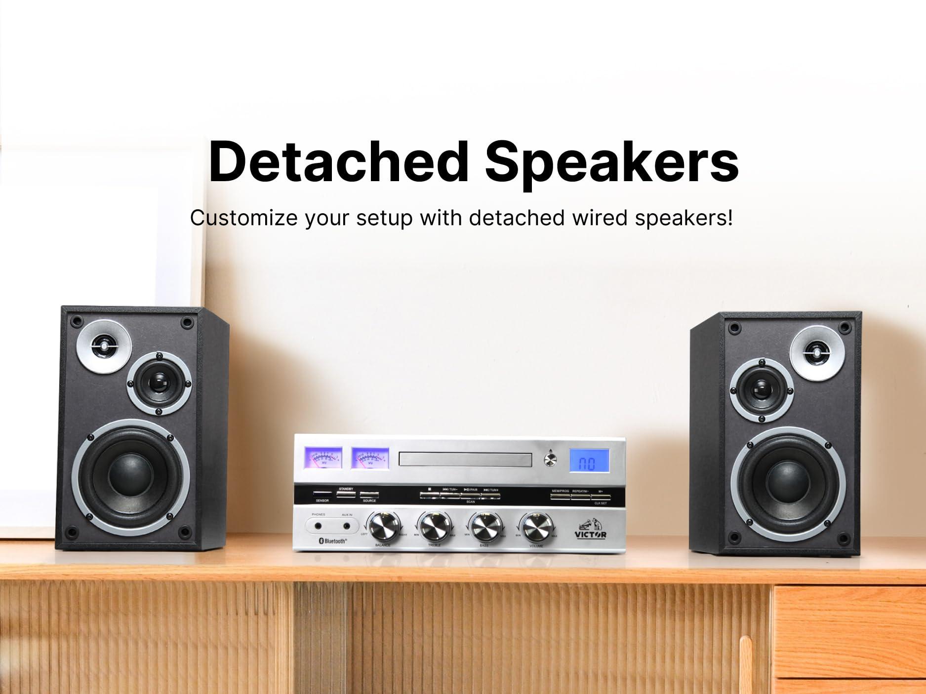VICTOR Victor VDTS-4450 Milwaukee 50 Watt Desktop CD Stereo System with Bluetooth, Square VU Meters, Remote Control, and Detached Speakers Ideal for Home or Office Music Listening