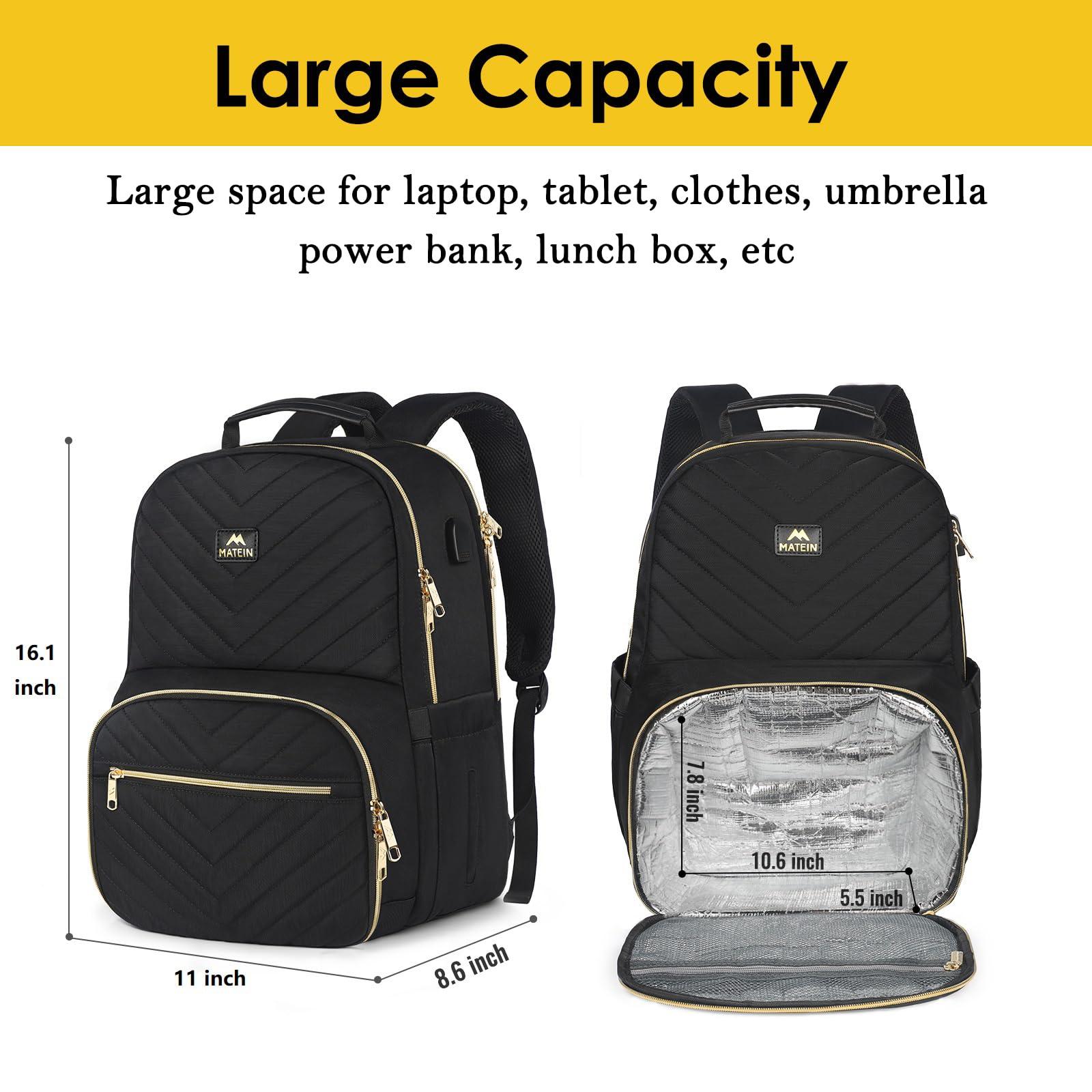 MATEIN MATEIN Women's 23L Laptop Backpack with Insulated Lunch Box, USB Port, and Reusable Water Resistant Tote Food Bag for Travel, Work, Beach, Camping, Hiking