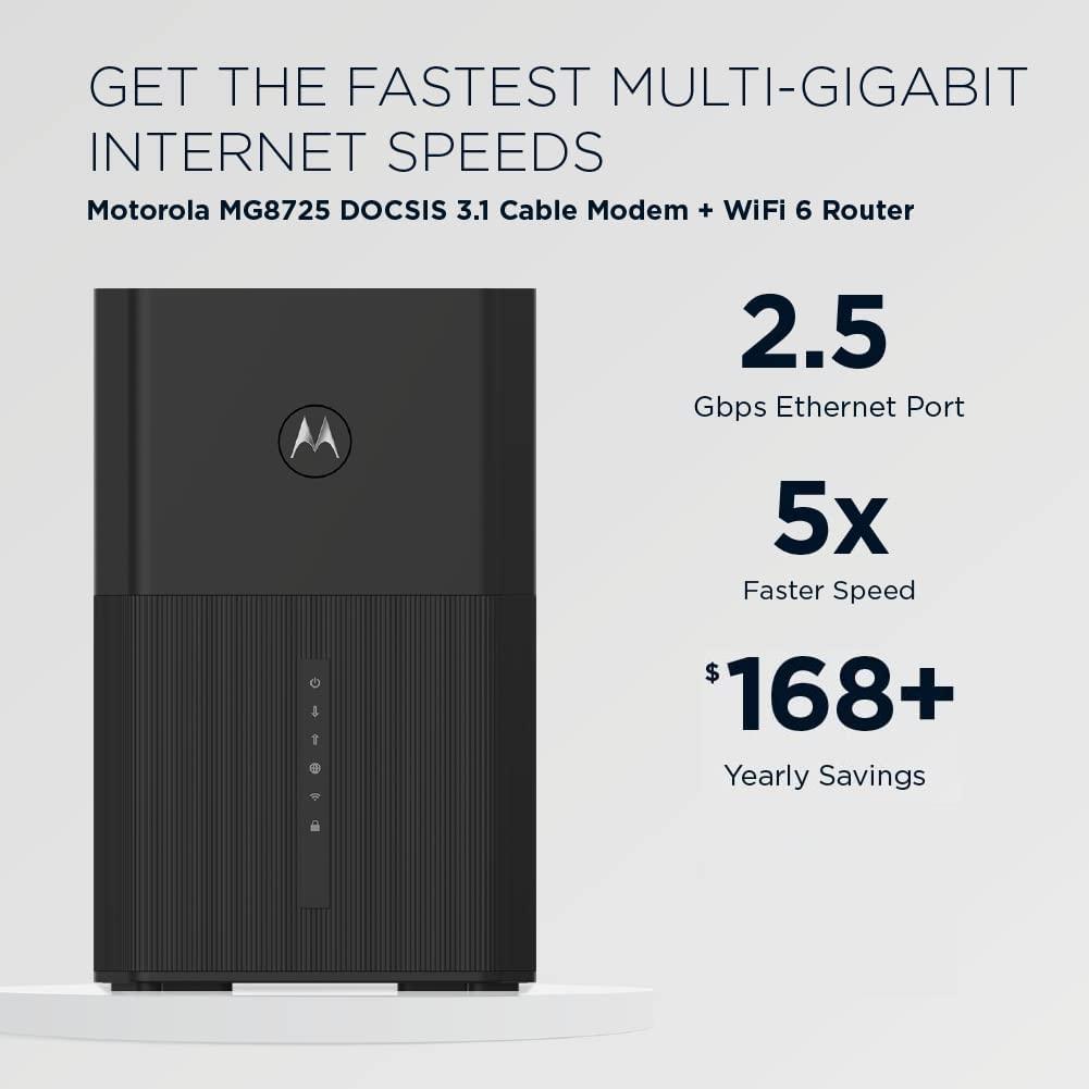 Motorola Motorola MG8725 WiFi 6 Router + Multi-Gig Cable Modem | 2-in-1 Device | Approved for Comcast Xfinity, Cox, Spectrum| Up to 6000 Mbps | DOCSIS 3.1 | AX6000 | [Not compatible with Xfinity 5G internet]