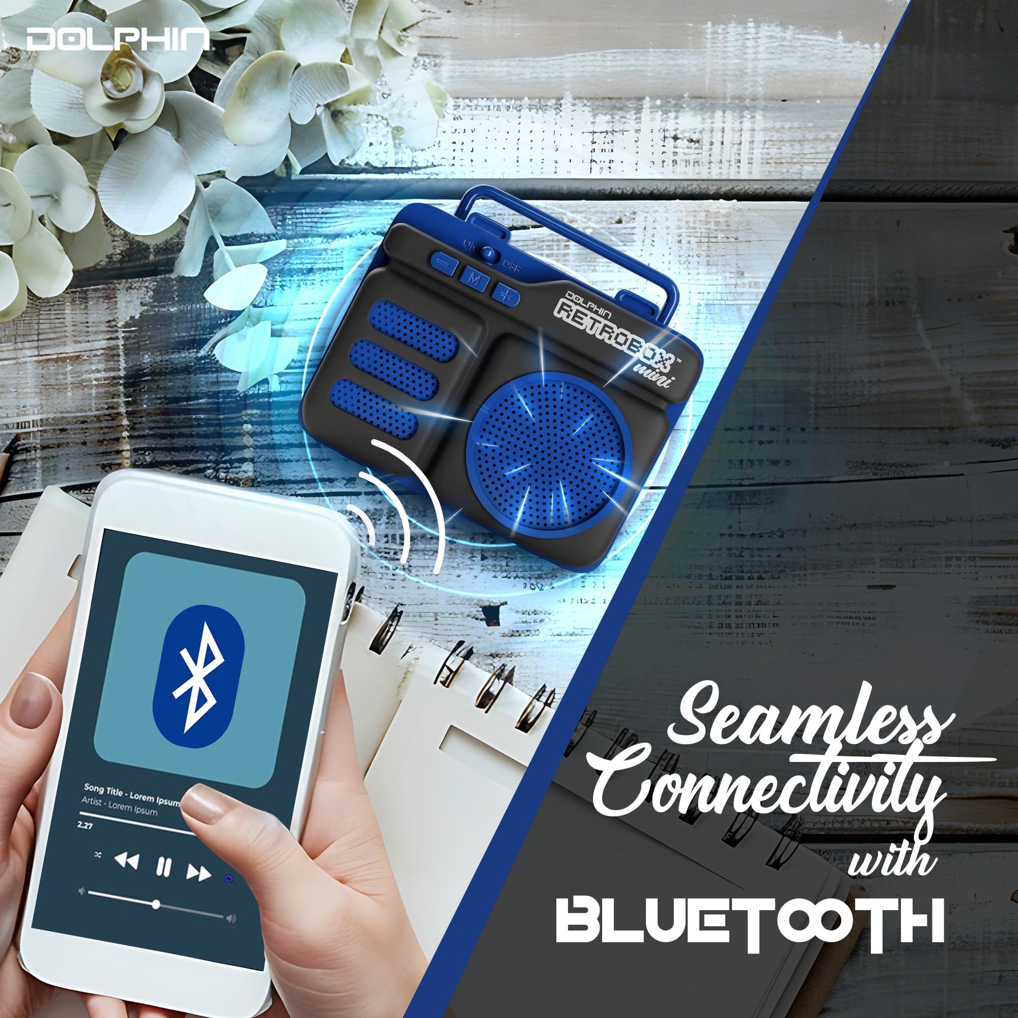 Dolphin Dolphin Retrobox Mini RTX-10 - Bluetooth Speakers with FM Radio, USB Drive, Micro SD Card MP3 Player, 3.5mm Aux Jack - Rechargeable Music Device, Up to 12 Hours Play Time, 2\" Full Range Woofer - Blue