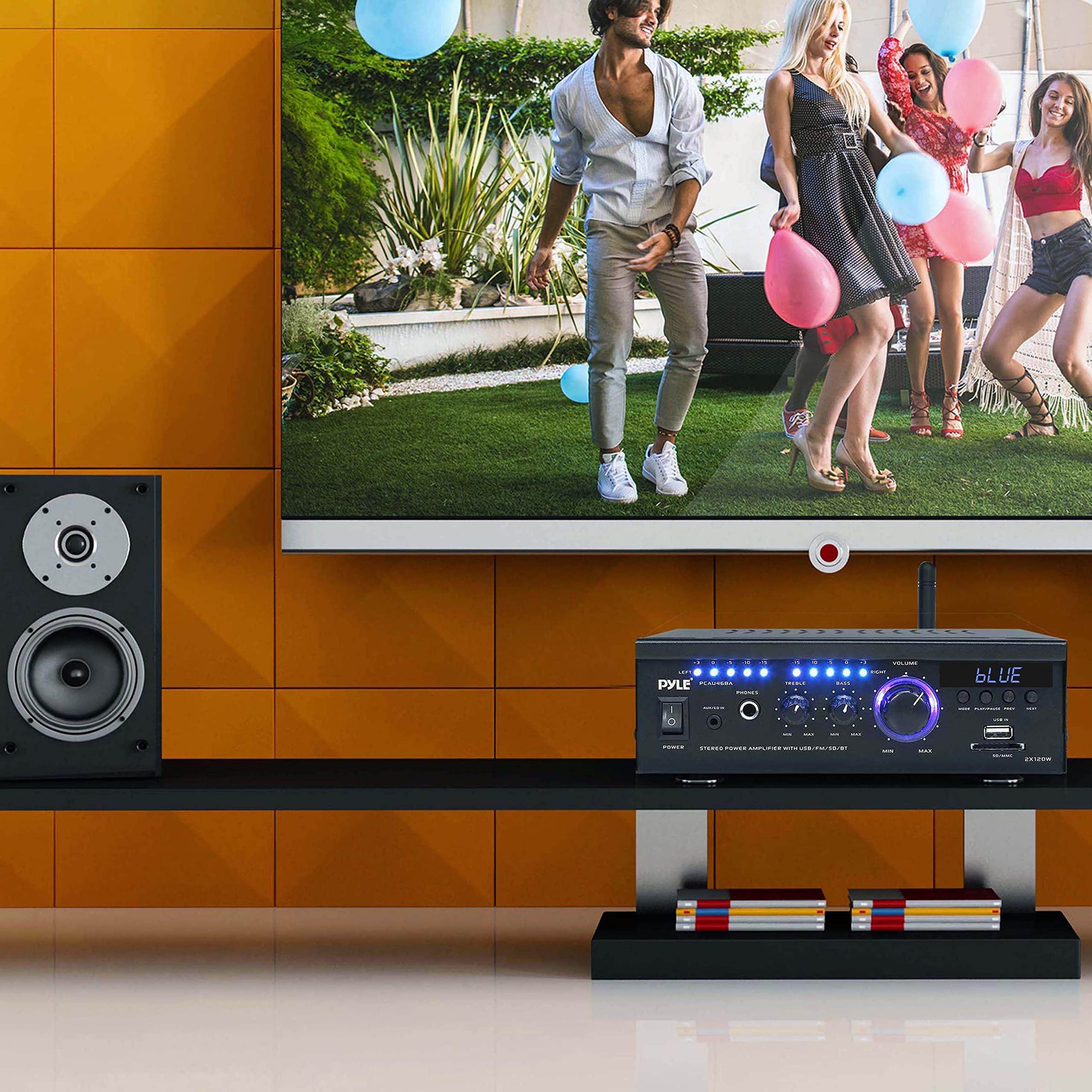 Pyle PyleUsa Bluetooth Computer Speaker Amplifier - 2x120 Watt Home Stereo Power Amplifier Home Audio Receiver System W/Blue Led Display, USB/SD, AUX, RCA, Headphone Jack - Remote - PCAU46BA.6